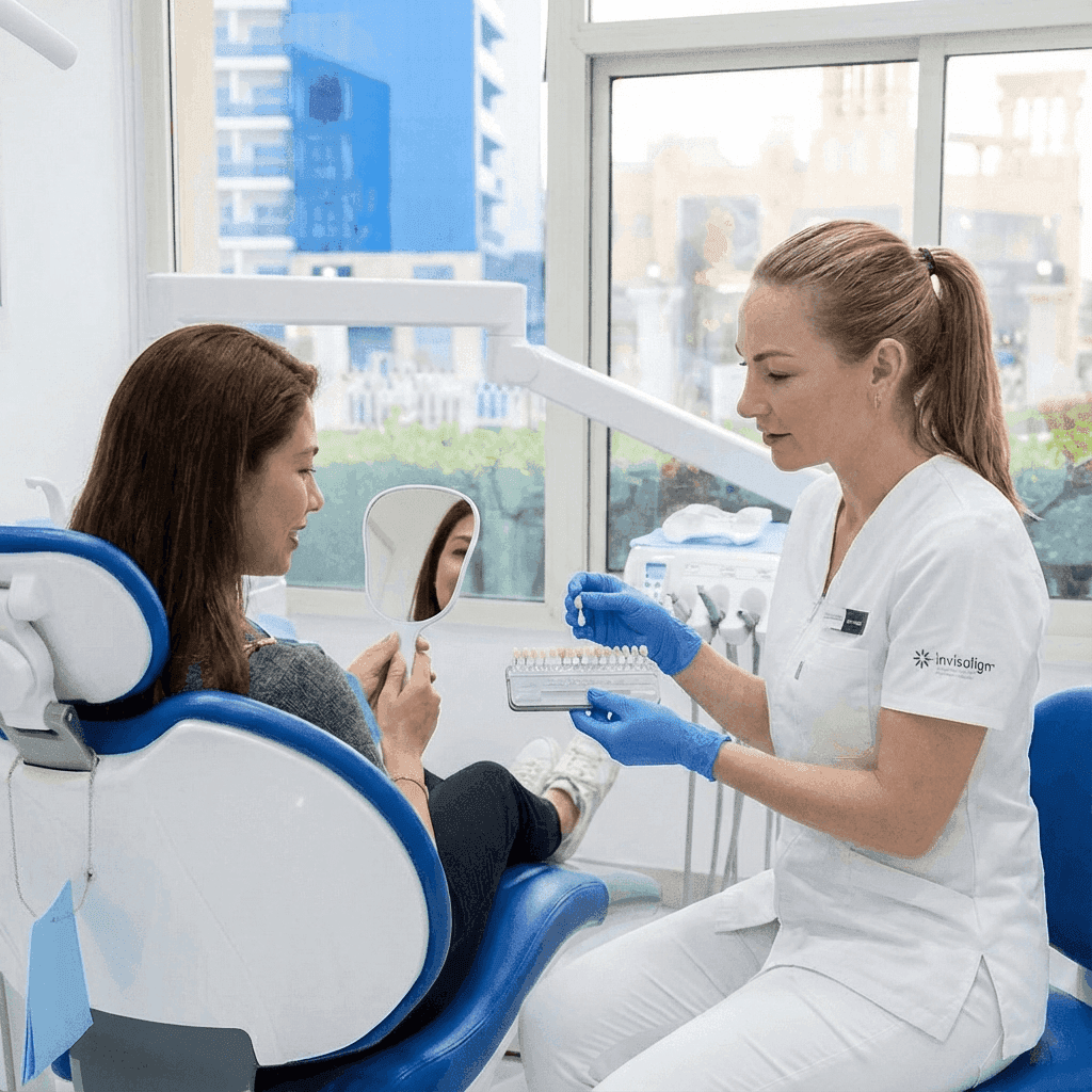 Woman in a dental chair looks in a mirror, showing off her bright smile after zoom teeth whitening.