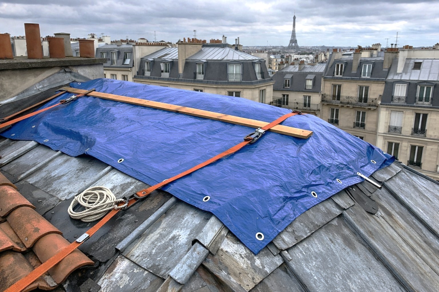 Bâchage toiture urgence Paris : bâche de protection tendue et fixée sur toit pour mise hors d’eau après infiltration ou tempête Select 80 more words to run Humanizer.