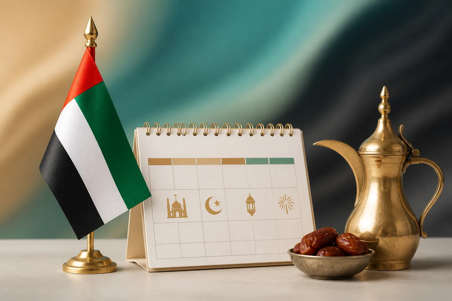 Calendar with highlighted UAE public holiday dates beside a leave entitlement icon