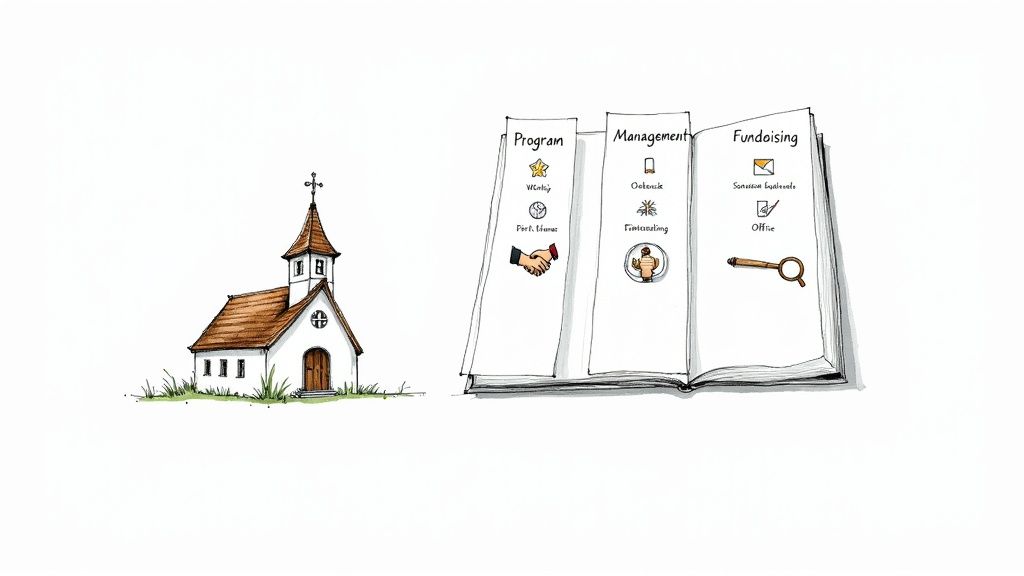 A drawing of a church next to an open book detailing program, management, and fundraising functions.