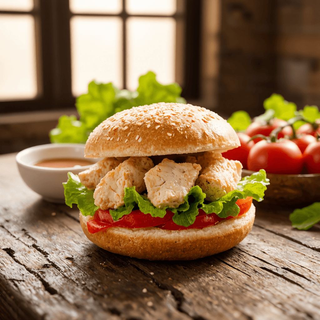 product photography of a sandwich filled with shredded chicken, lettuce, and tomato, served in a sesame seed bun