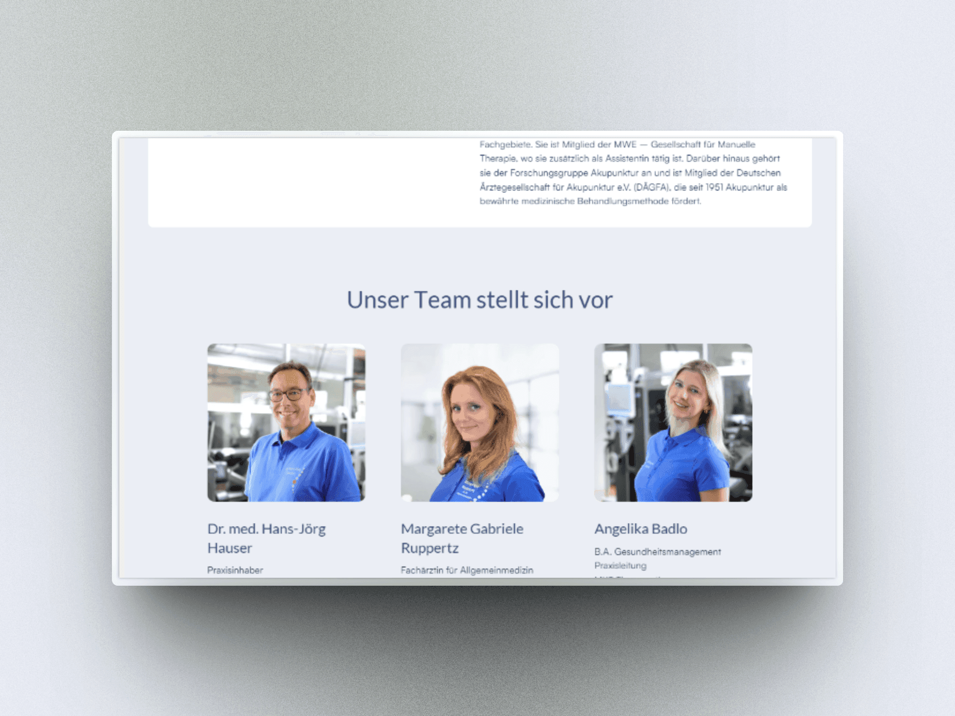 Three professional headshots of individuals against a light background, featuring identical blue attire.