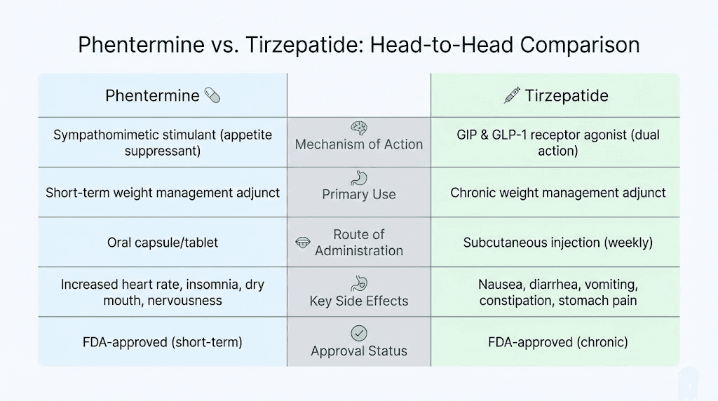 Phentermine versus tirzepatide weight loss medication comparison chart