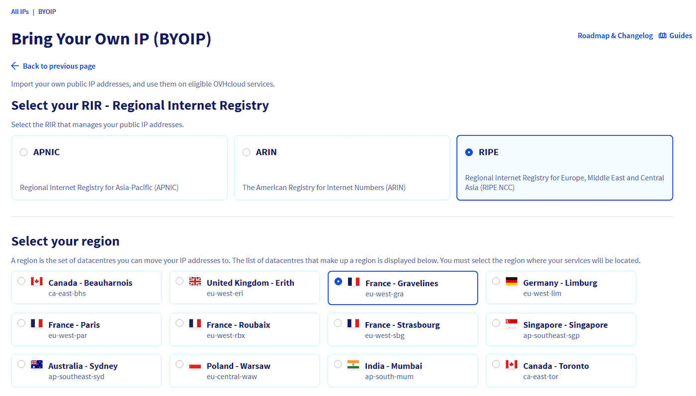 OVH BYOIP configuration page selecting RIPE and a region to import a leased /24.
