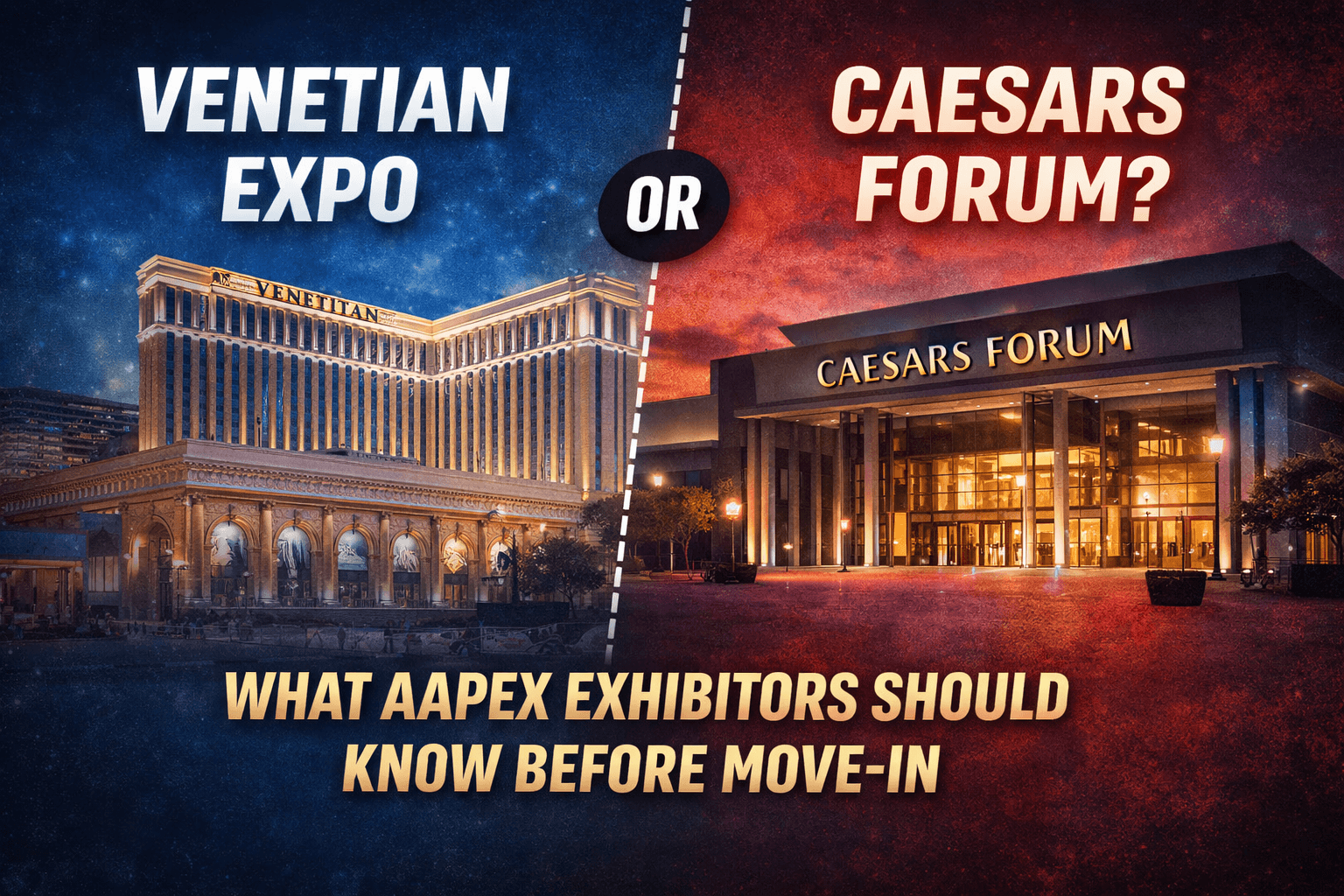Blog cover for What AAPEX Exhibitors Should Know About The Venetian Expo and Caesars Forum, featuring venue planning, booth setup coordination, and on-site execution context for AAPEX Las Vegas
