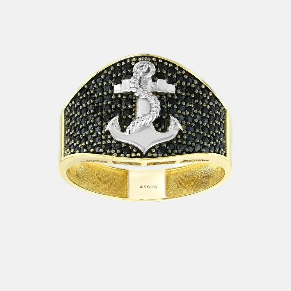 Assos Pırlanta 14 Ayar Altın Çapa Motifli Siyah Taşlı Erkek Yüzük