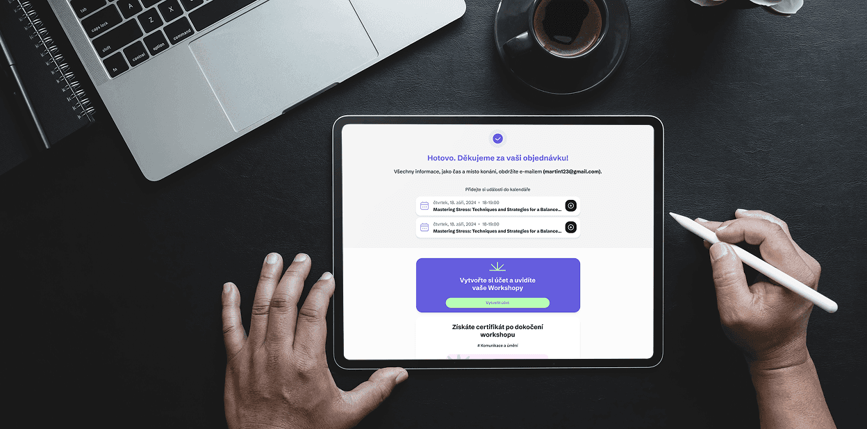 Mockup tabletu s děkovací stránkou po objednávce workshopu