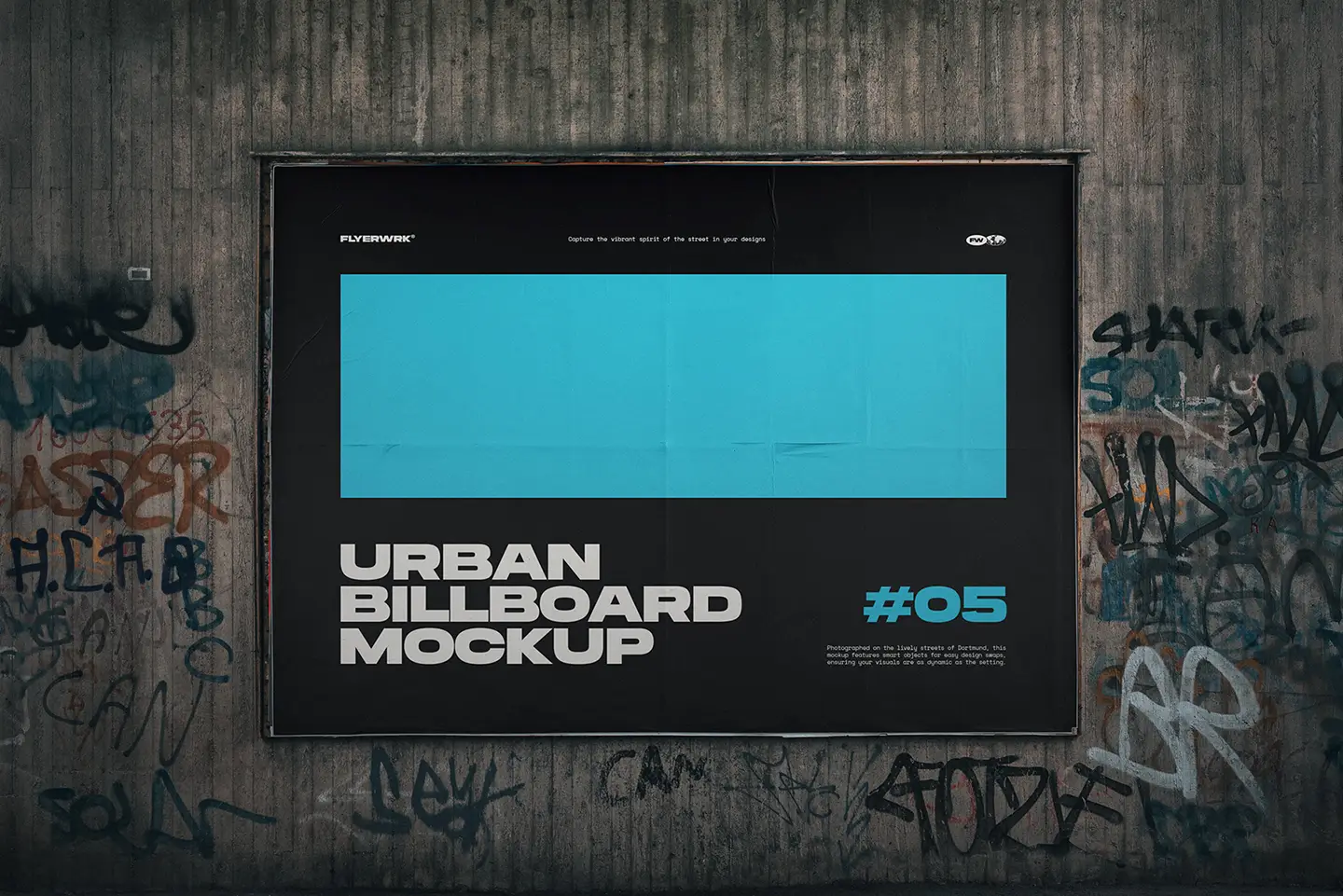 Urban billboard mockup showing poster design on graffiti wall under daylight