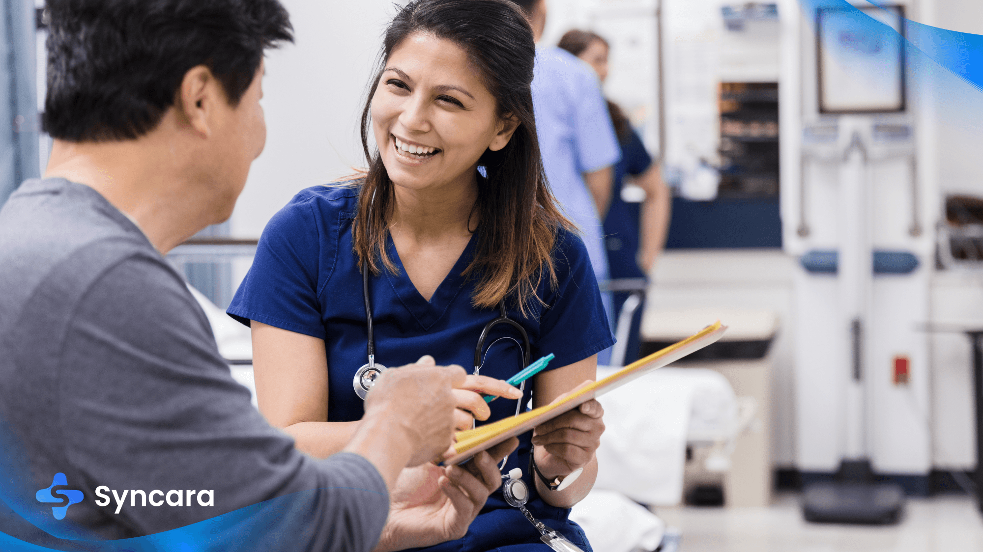 Nurse in walk-in clinic attentively speaking with a patient in a clinic, providing compassionate care.