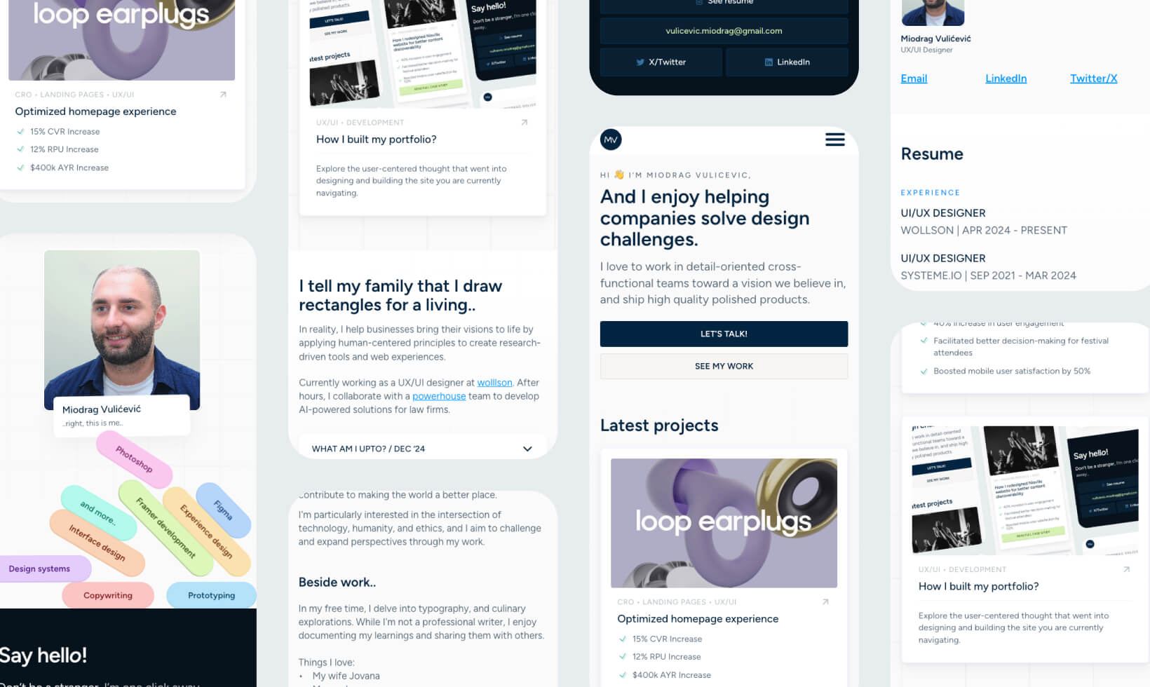 Personal portfolio UI screens — case studies, homepage design, project cards, and visual system for product designer portfolio