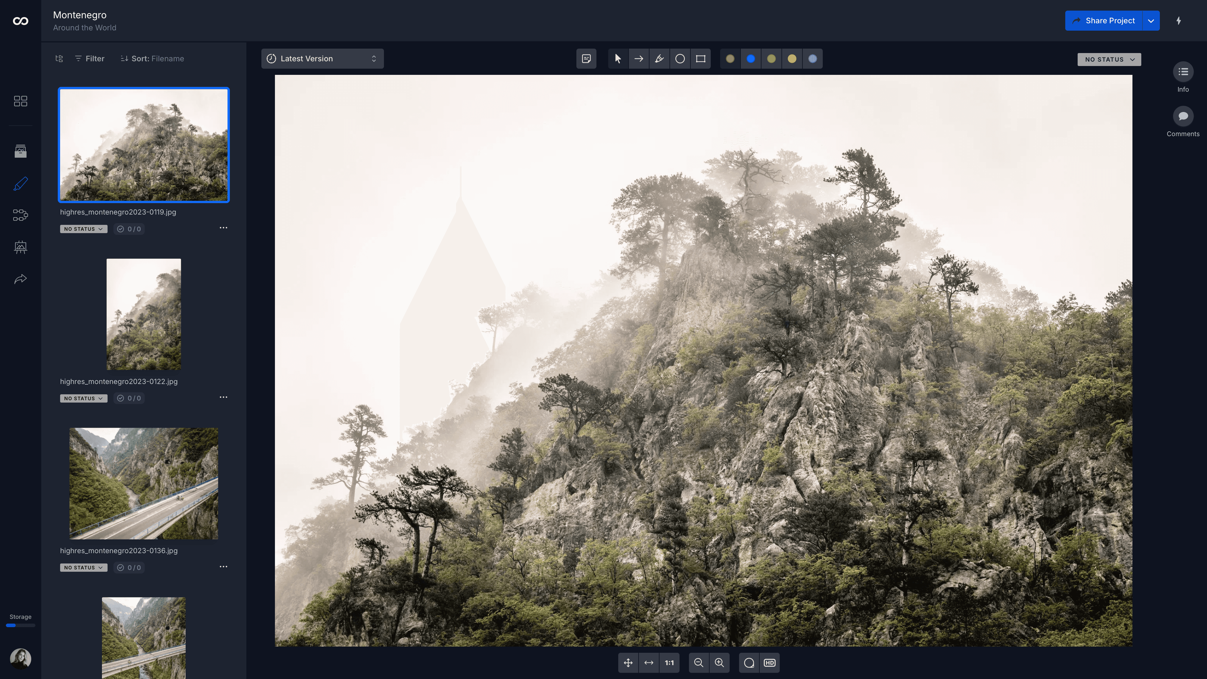 The moodcase review view of a photographer's Montenegro project. The misty limestone ridge from the top of this article fills the stage, selected in the strip beside the next frames from the same trip, each still without a status.