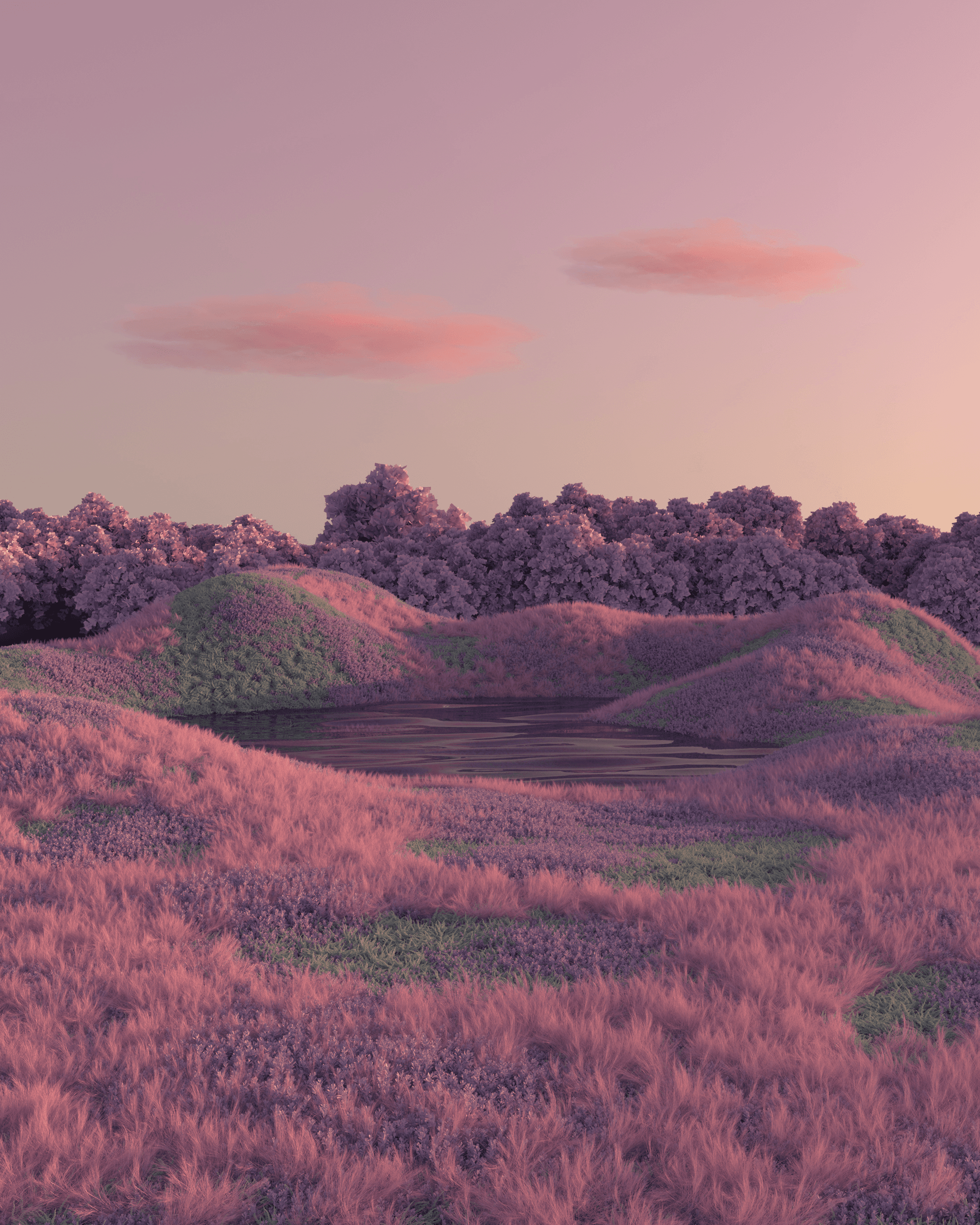 A field of pink flowers and trees