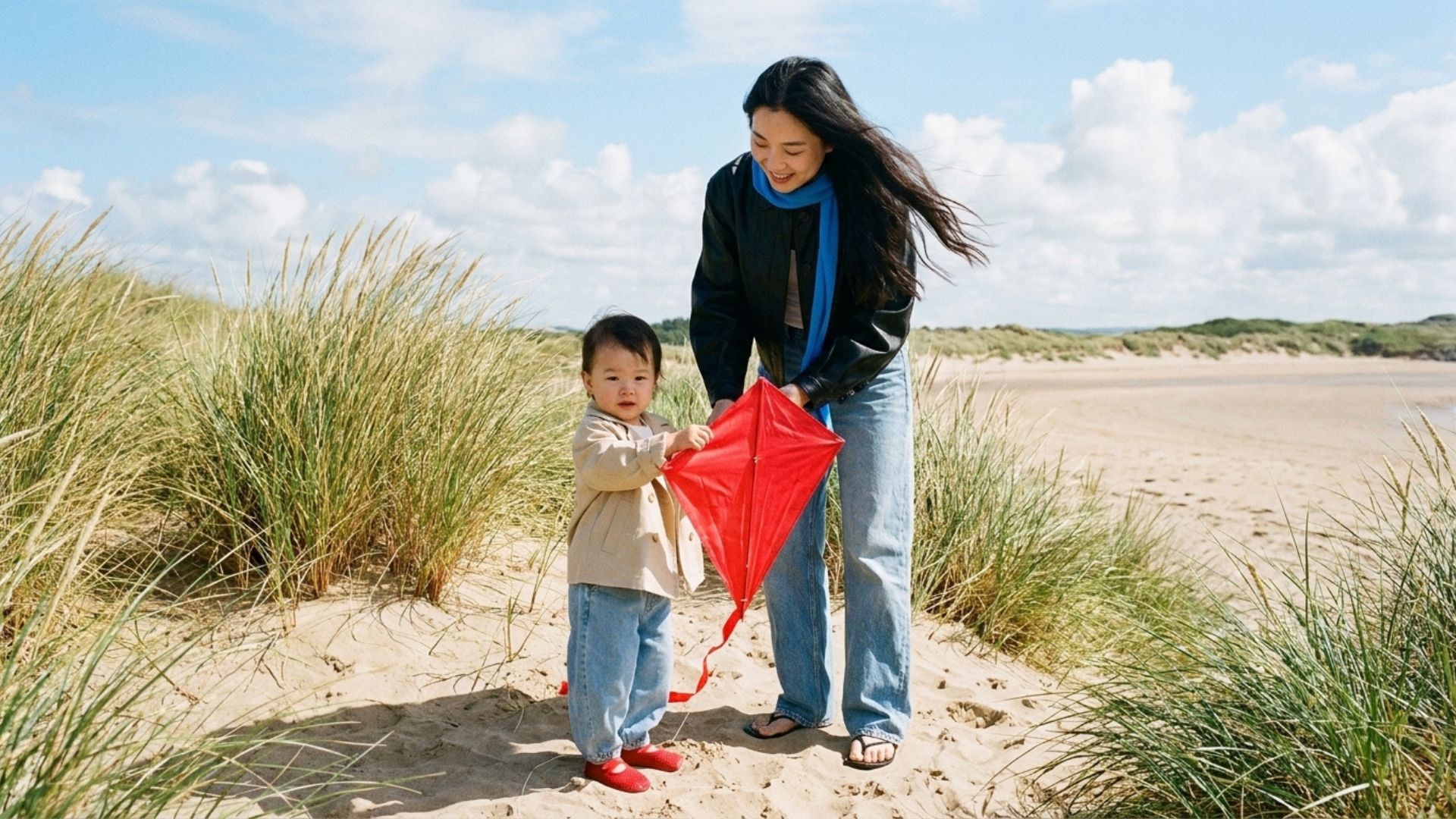 mother and son kite flying on the beach