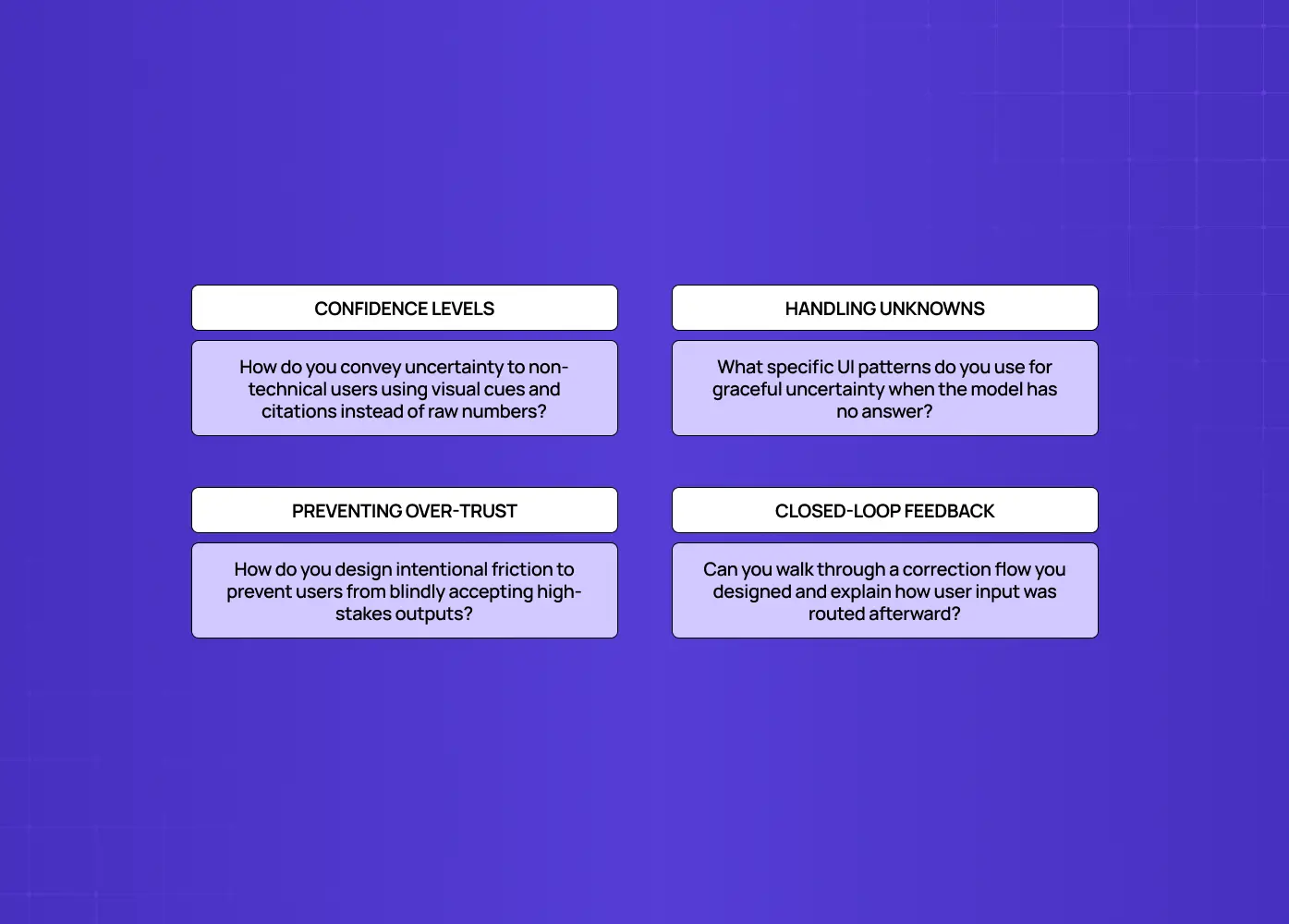 Slide outlining four AI UX considerations: confidence levels, handling unknowns, preventing over-trust, and closed-loop feedback.