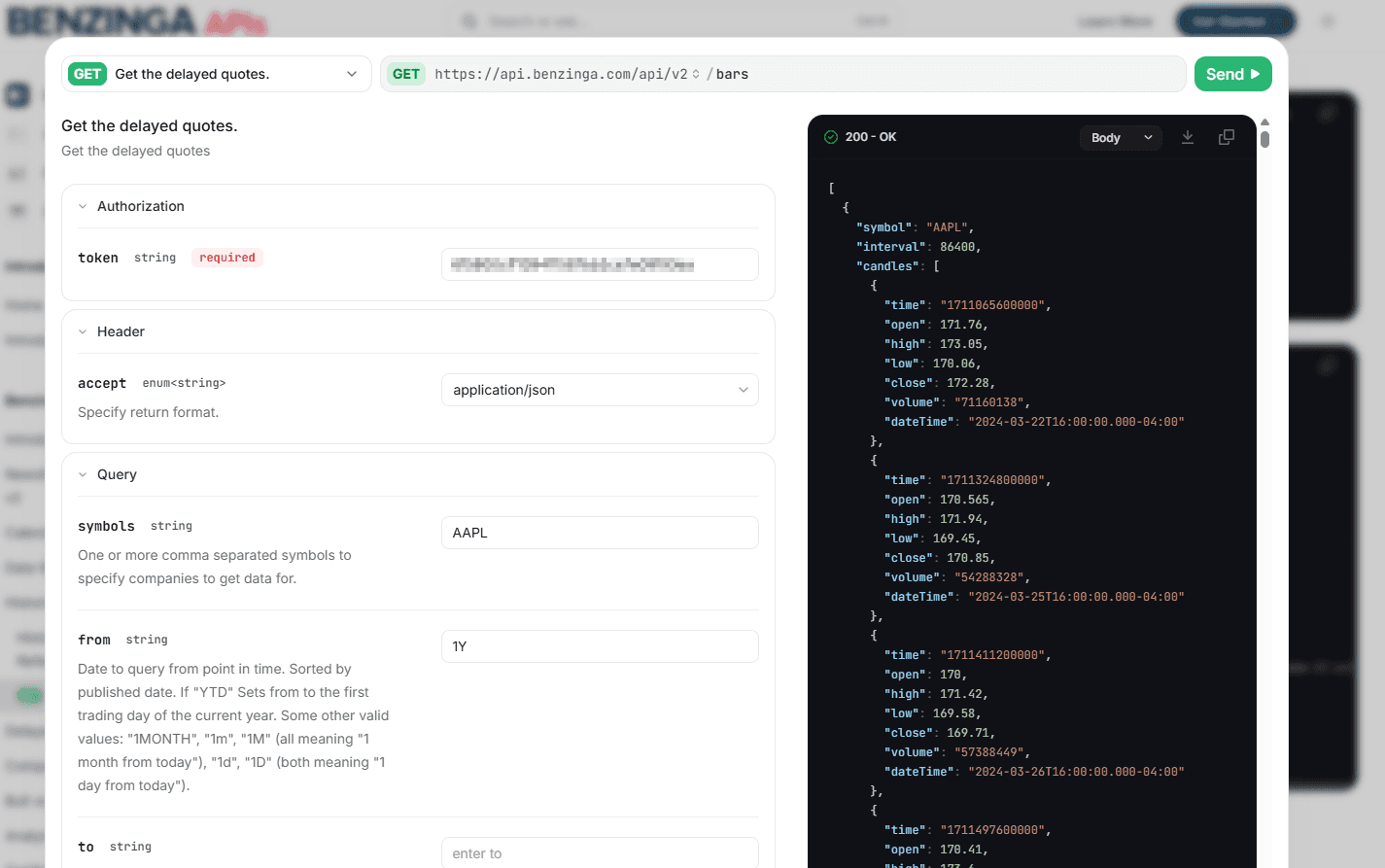 Benzinga GET Bars endpoint inputs
