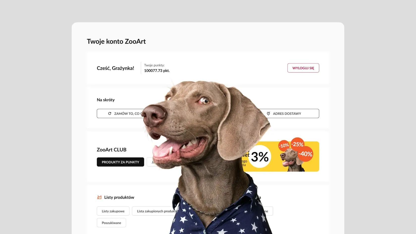 User account dashboard UI design for ZooArt pet store, featuring loyalty points, quick navigation links, and animal-themed imagery.