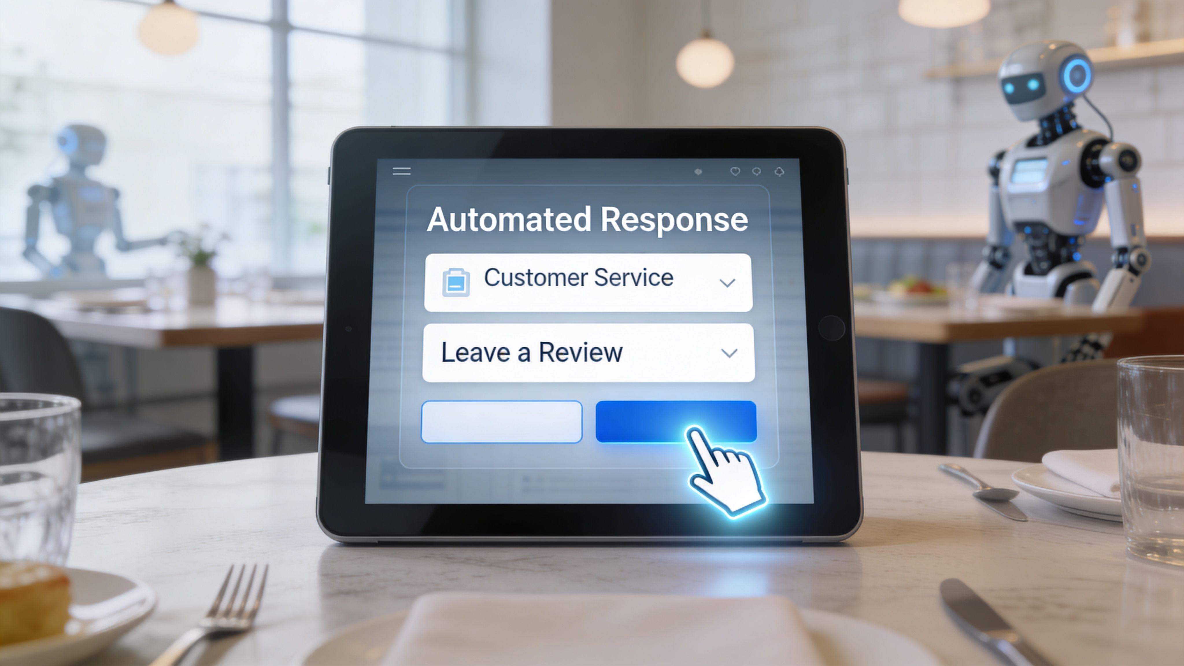 A digital tablet on a restaurant table featuring an automated customer service and review feedback interface.