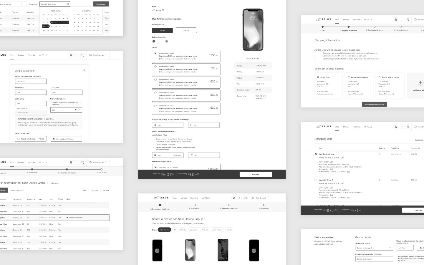 Wireframes of key screens across the TELUS IQ purchase flow