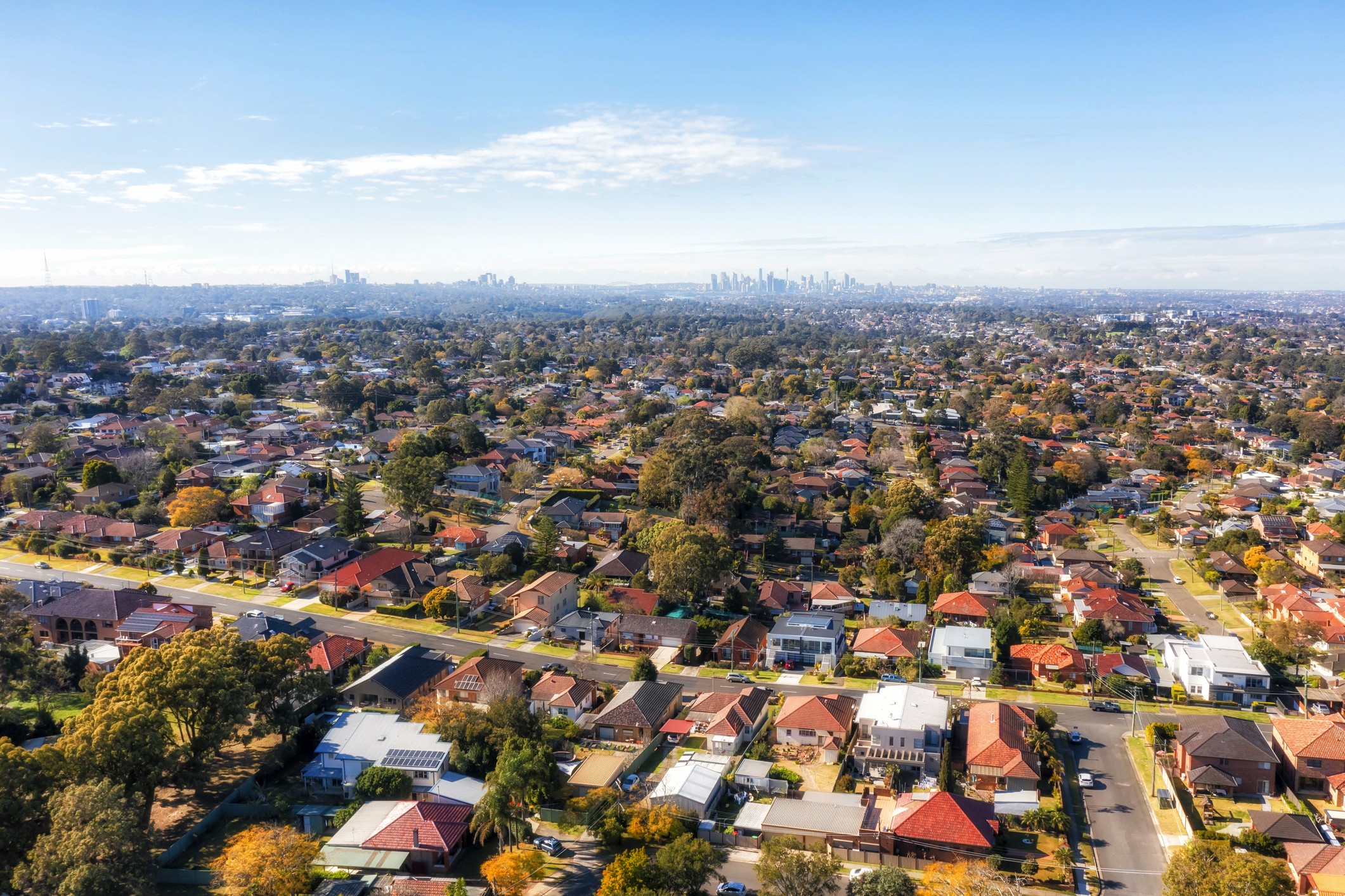 Suburban rooftops and distant city skyline under blue sky.