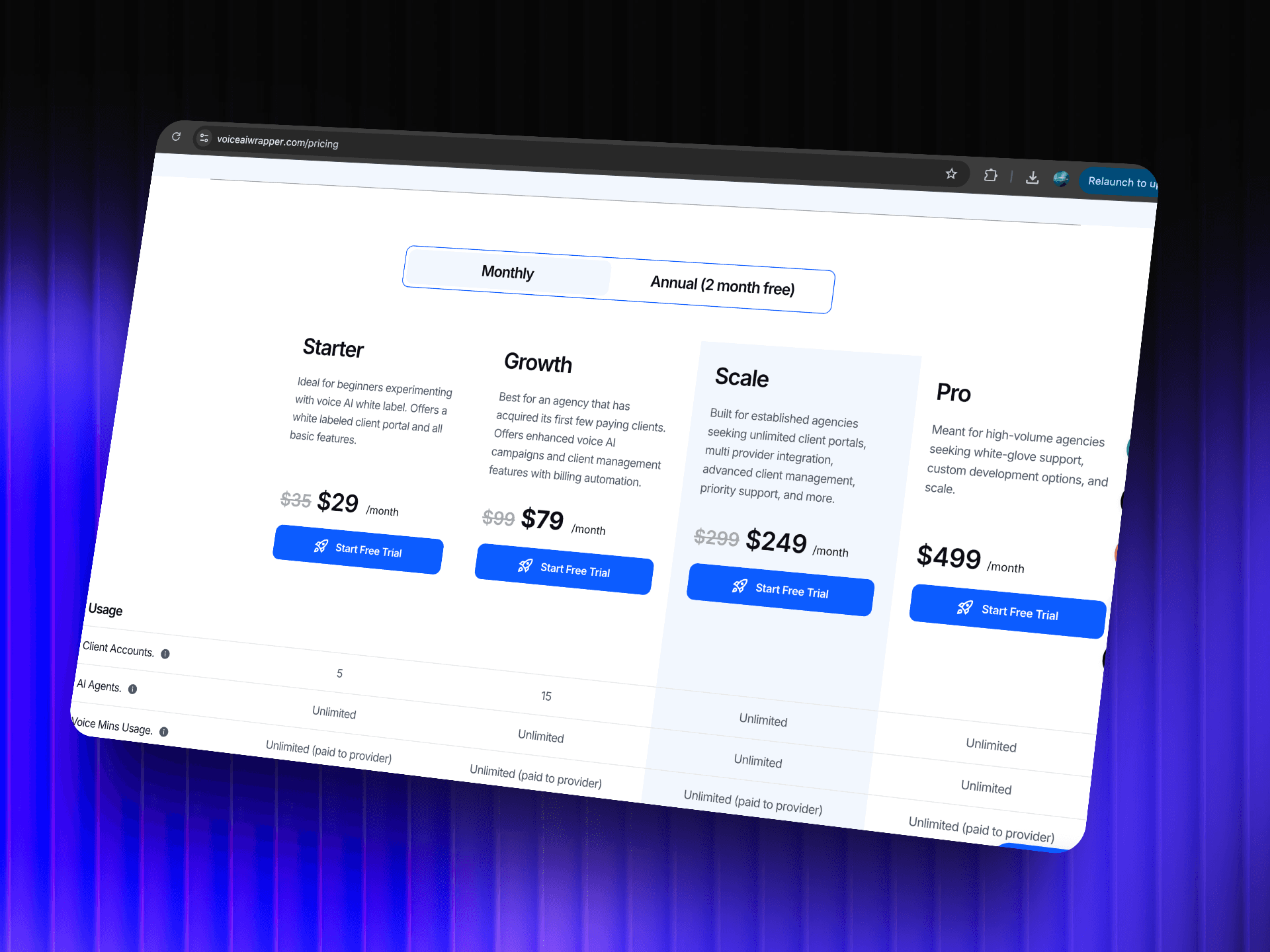 Best AI phone answering service with agency friendly pricing VoiceAIWrapper - pricing plans showing Starter at $29/month, Growth at $79/month, Scale at $249/month, and Pro at $499/month with free trials, unlimited usage options, and tiered features for agencies of all sizes from beginners to high-volume operations | VoiceAIWrapper