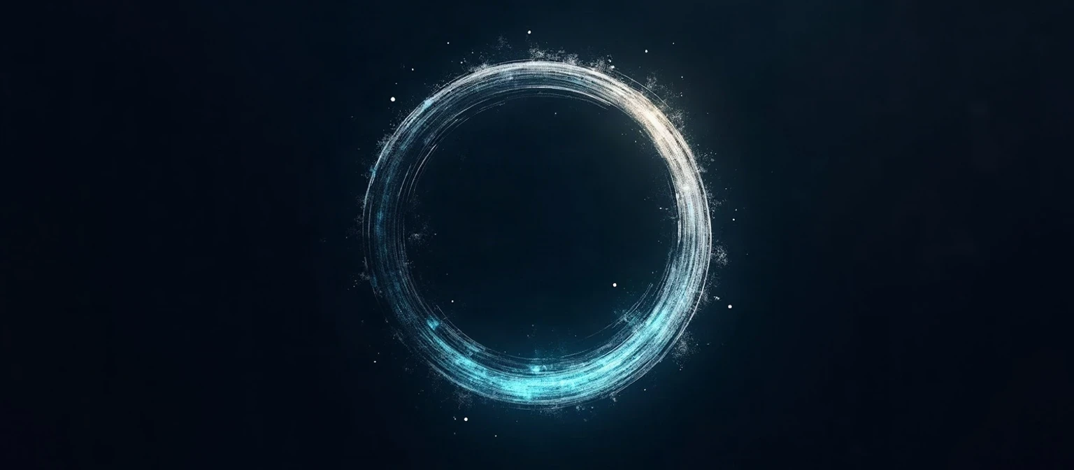 A single sumi-e ink circle that shifts from white brushstroke ink into glowing teal light, illustrated in Japanese minimalist ink style with teal and blue on a black background, representing AI and human SDRs splitting one outbound workflow.