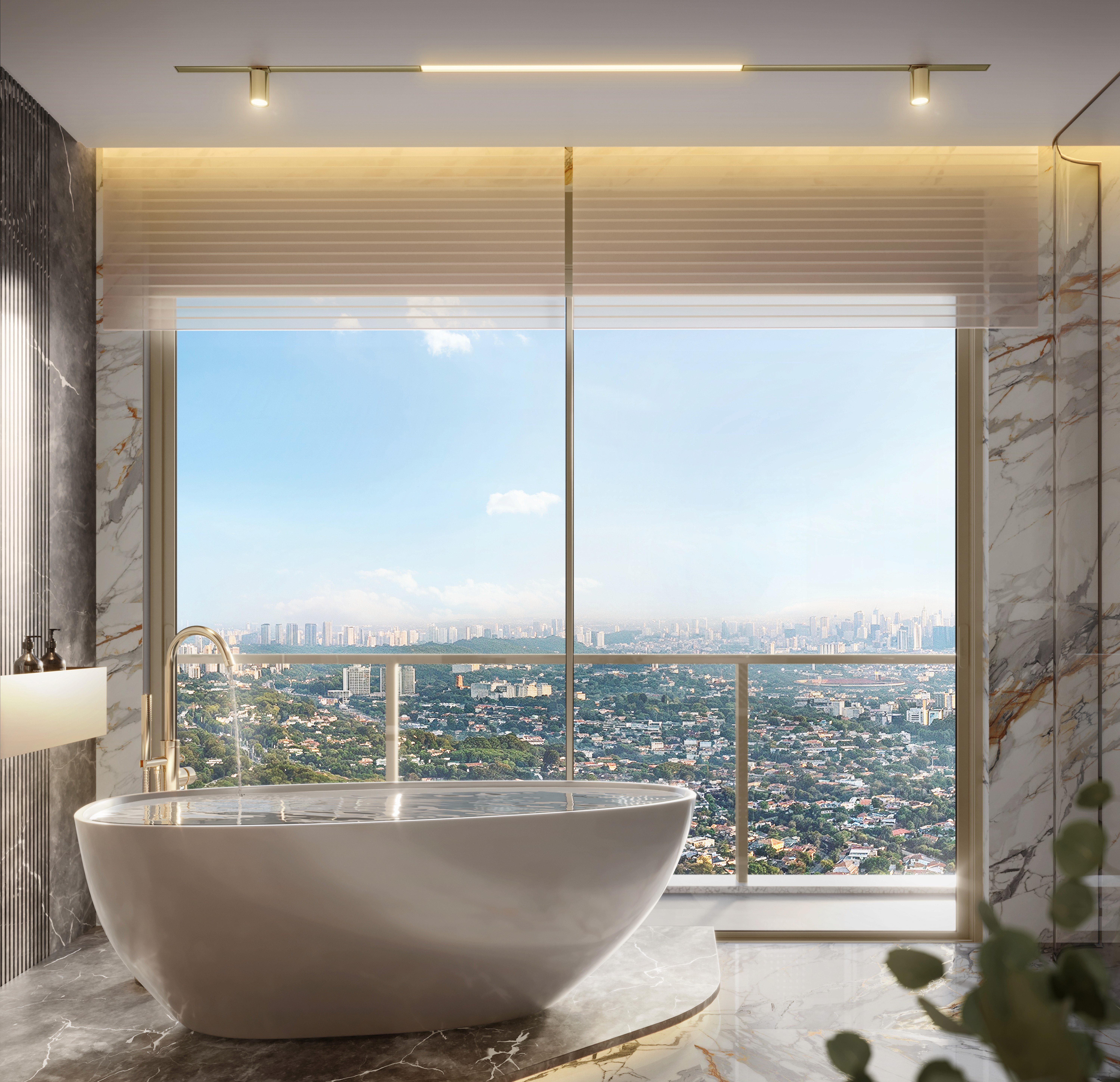 Curved modern skyscraper against a clear blue sky.