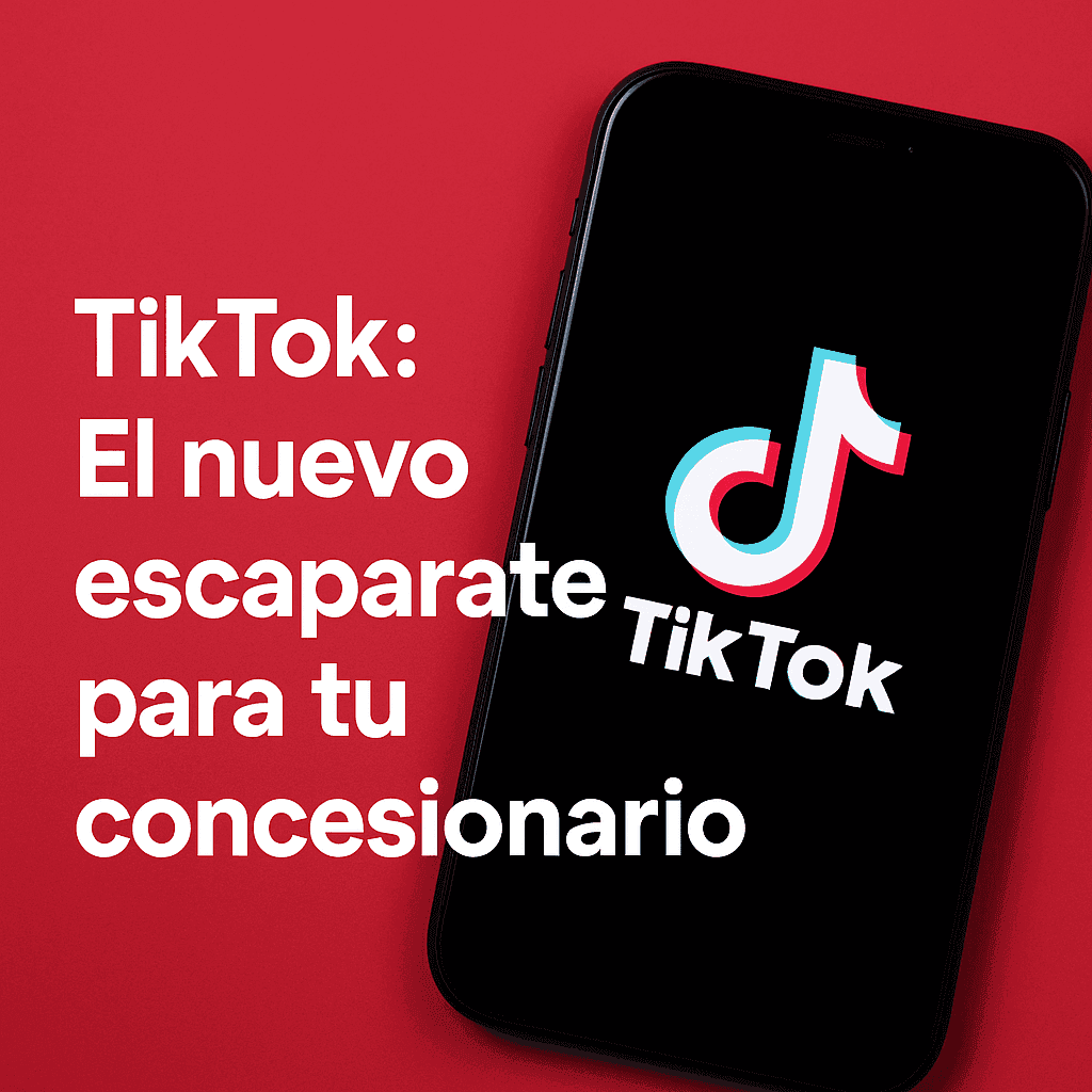 TikTok logo on a smartphone. Social media marketing in Spanish. "TikTok: The new showcase for your dealership"