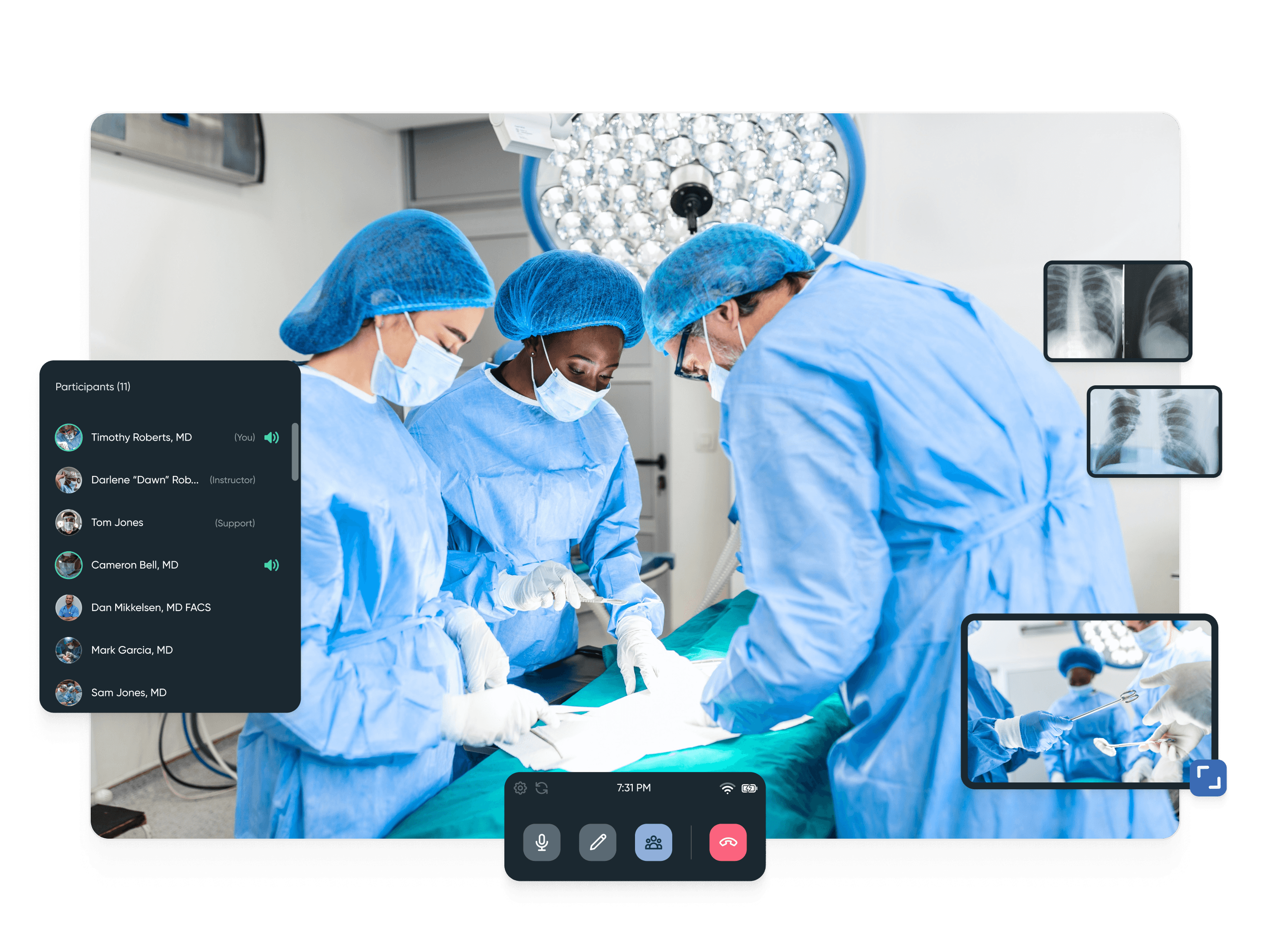 Virtual surgical consultation with surgeons, telemedicine interface, and X-rays.