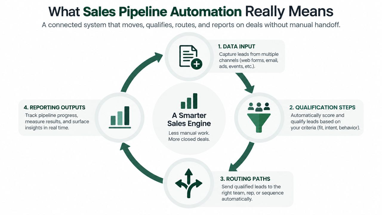 A diagram illustrating the four steps of sales pipeline automation for a more efficient sales engine.