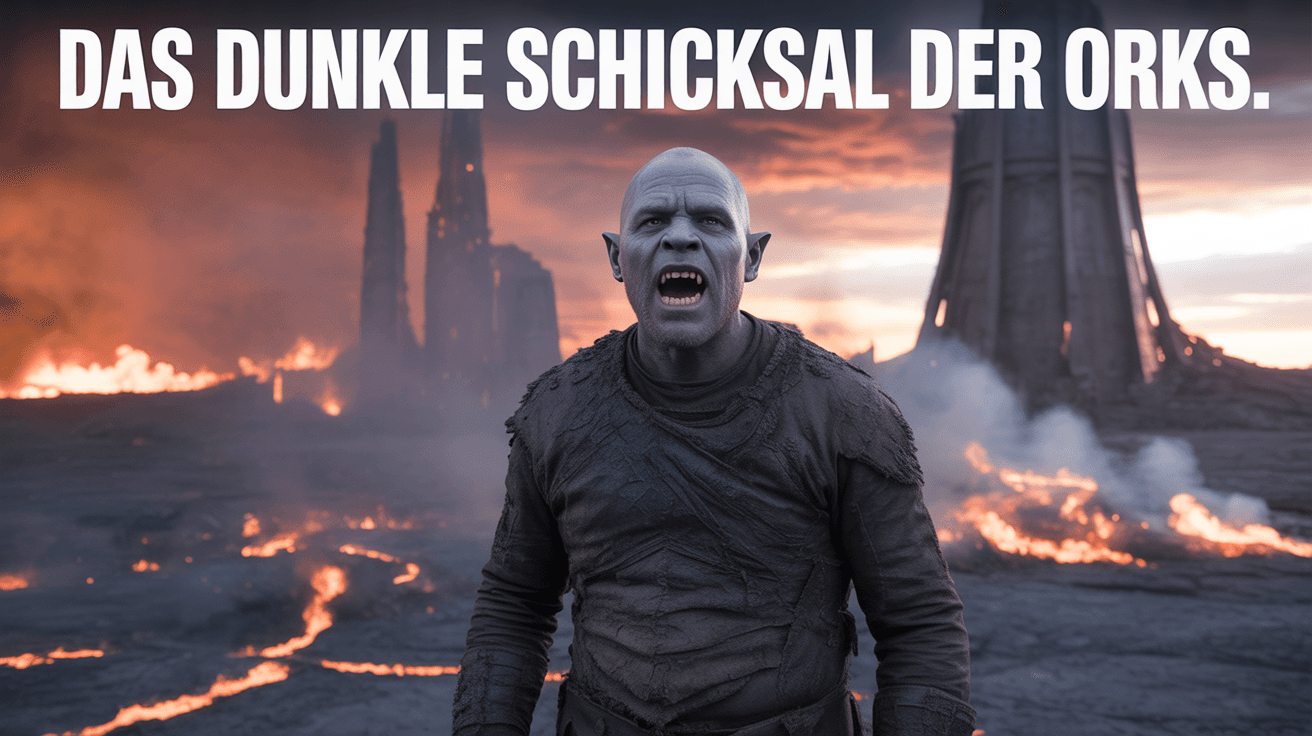 Orc standing in burned Mordor ruins under Das Dunkle Schicksal der Orks text