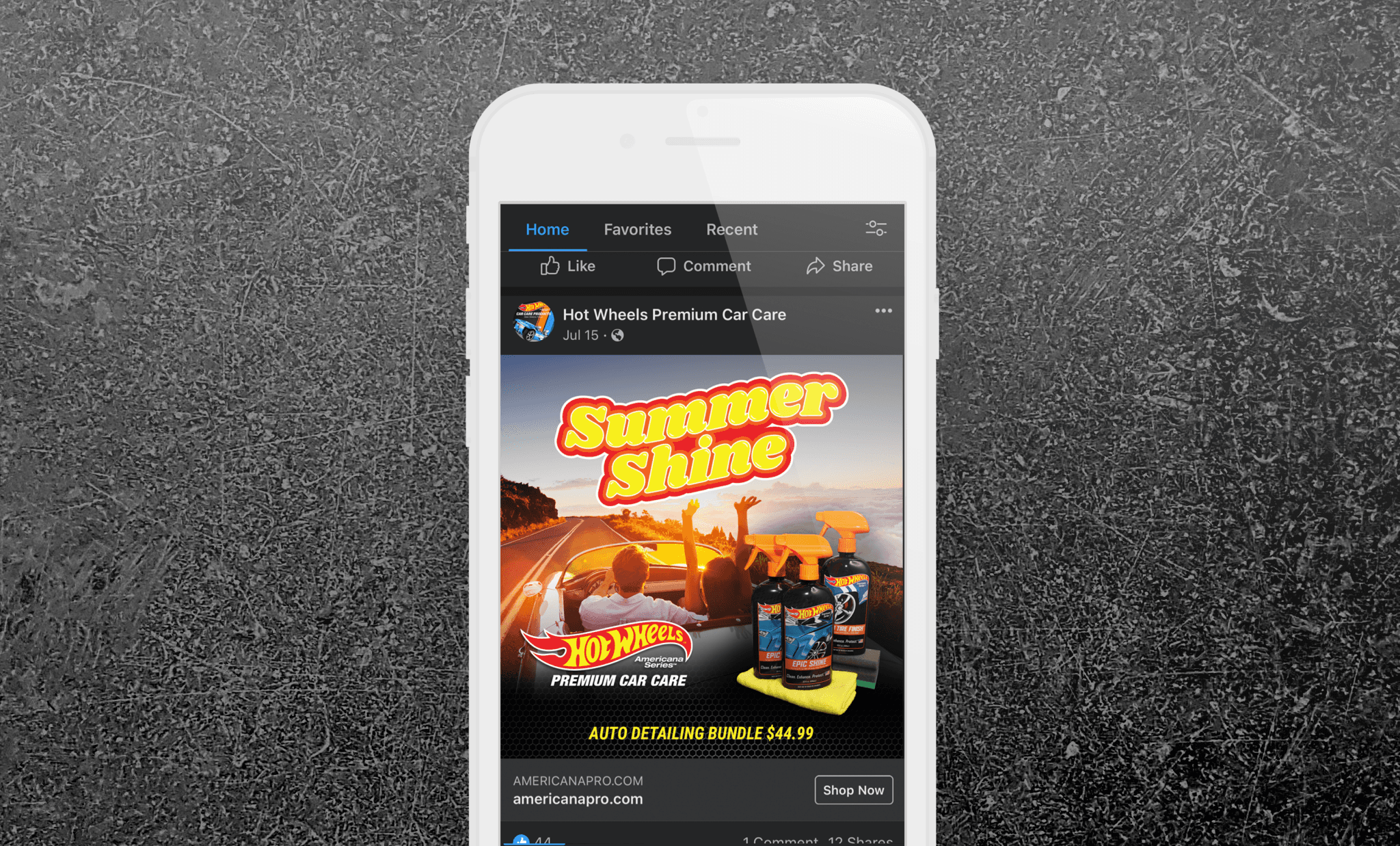 A mobile device displaying a social media post for Hot Wheels Premium Car Care