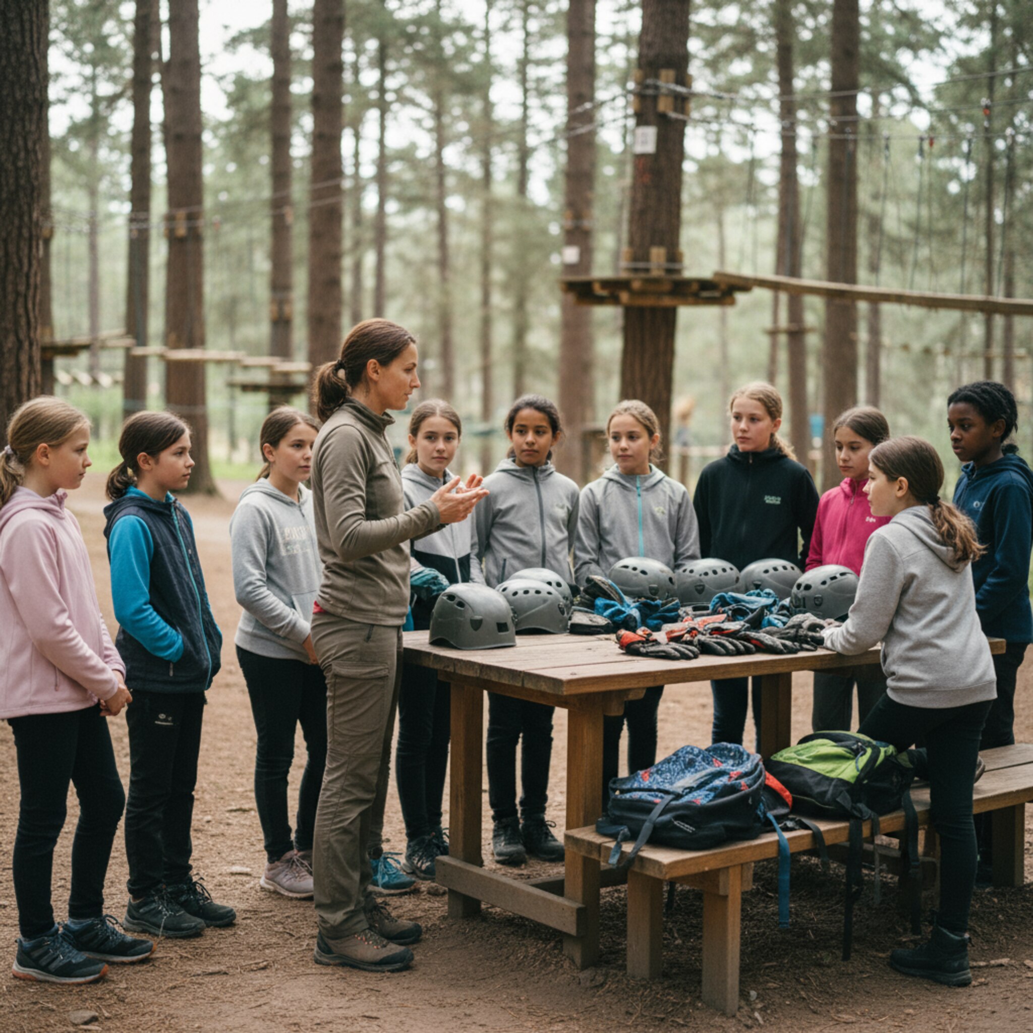 Eine Schulklasse steht im Halbschatten an einem Holztisch, Helme und Handschuhe werden verteilt. Ein Trainer erklärt mit ruhigen Gesten die Sicherheitsregeln, während Kinder aufmerksam nicken. Ein paar Rucksäcke liegen sauber gestapelt daneben. Die Stimmung ist gespannt und freundlich.