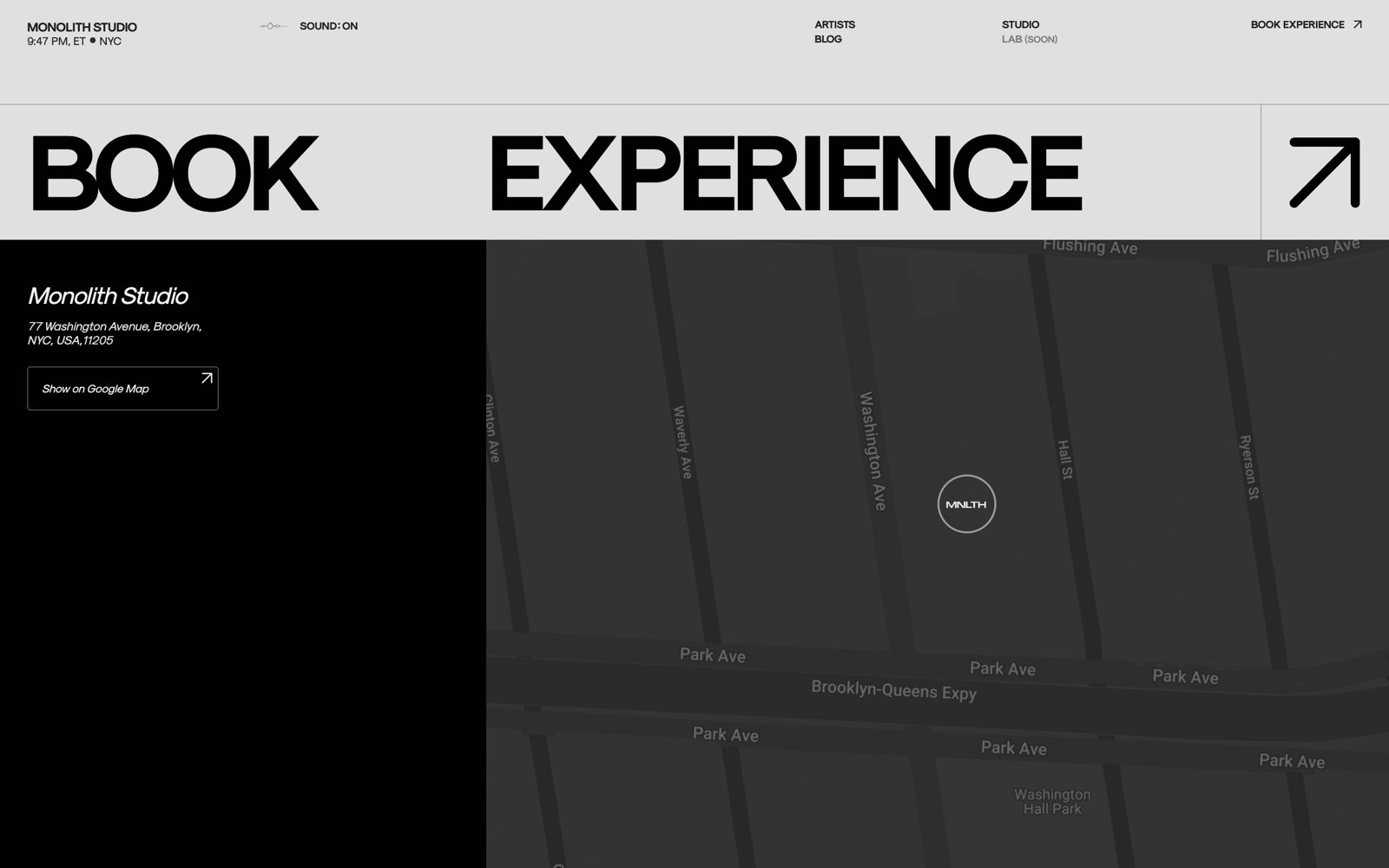 BOOK EXPERIENCE text with map of Brooklyn location and Monolith Studio address on a sleek, grayscale website layout.