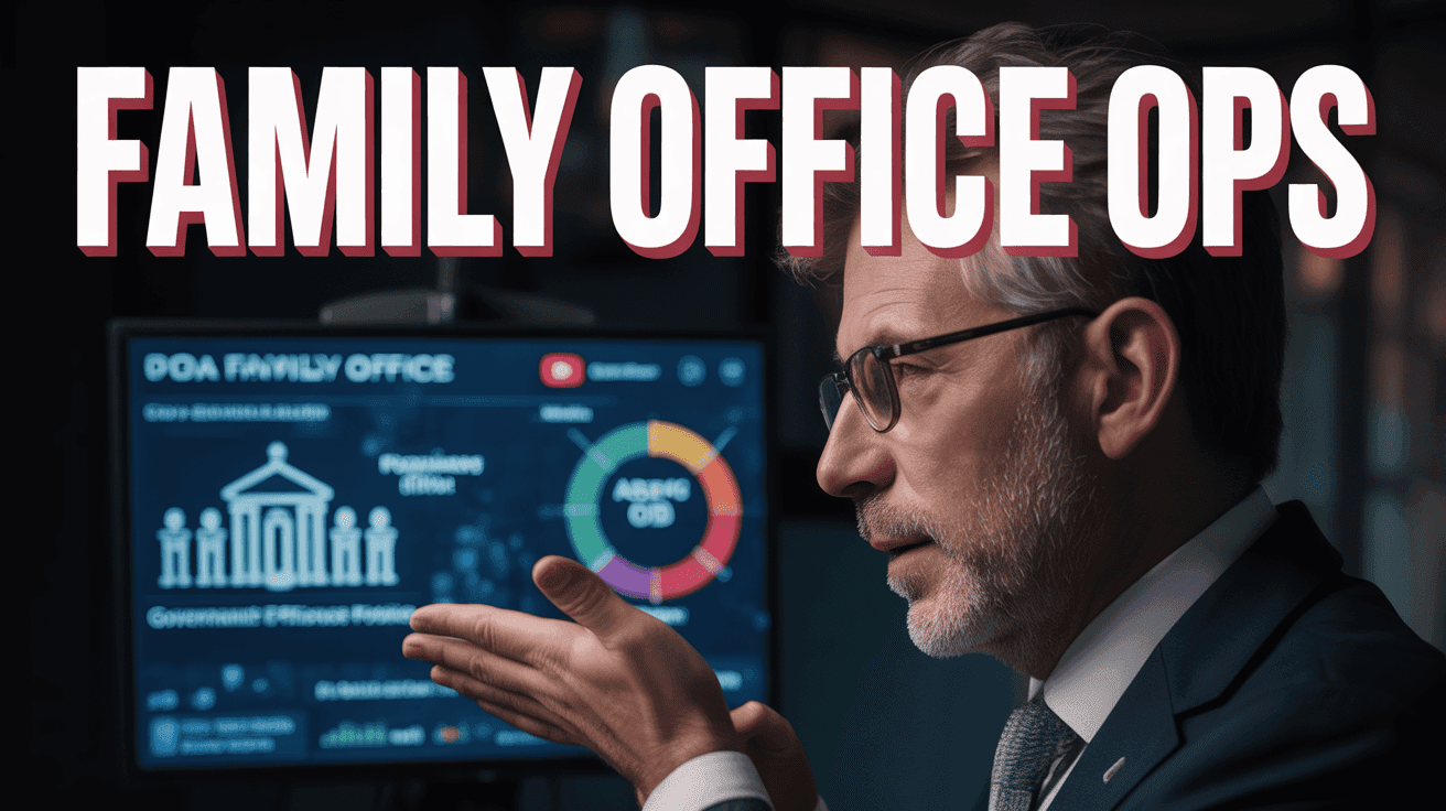 Family Office Systems Thumbnail Template featuring chief investment officer presenting family office dashboard with governance pillars and asset al...