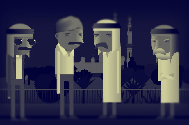 Four cartoon figures stand against a dark blue background. Three are wearing head coverings resembling keffiyehs or ghutras. The fourth figure wears sunglasses and a light-colored shirt. Behind them, a white fence separates them from a cityscape with a tall tower and several buildings. The figures are stylized and evenly spaced.