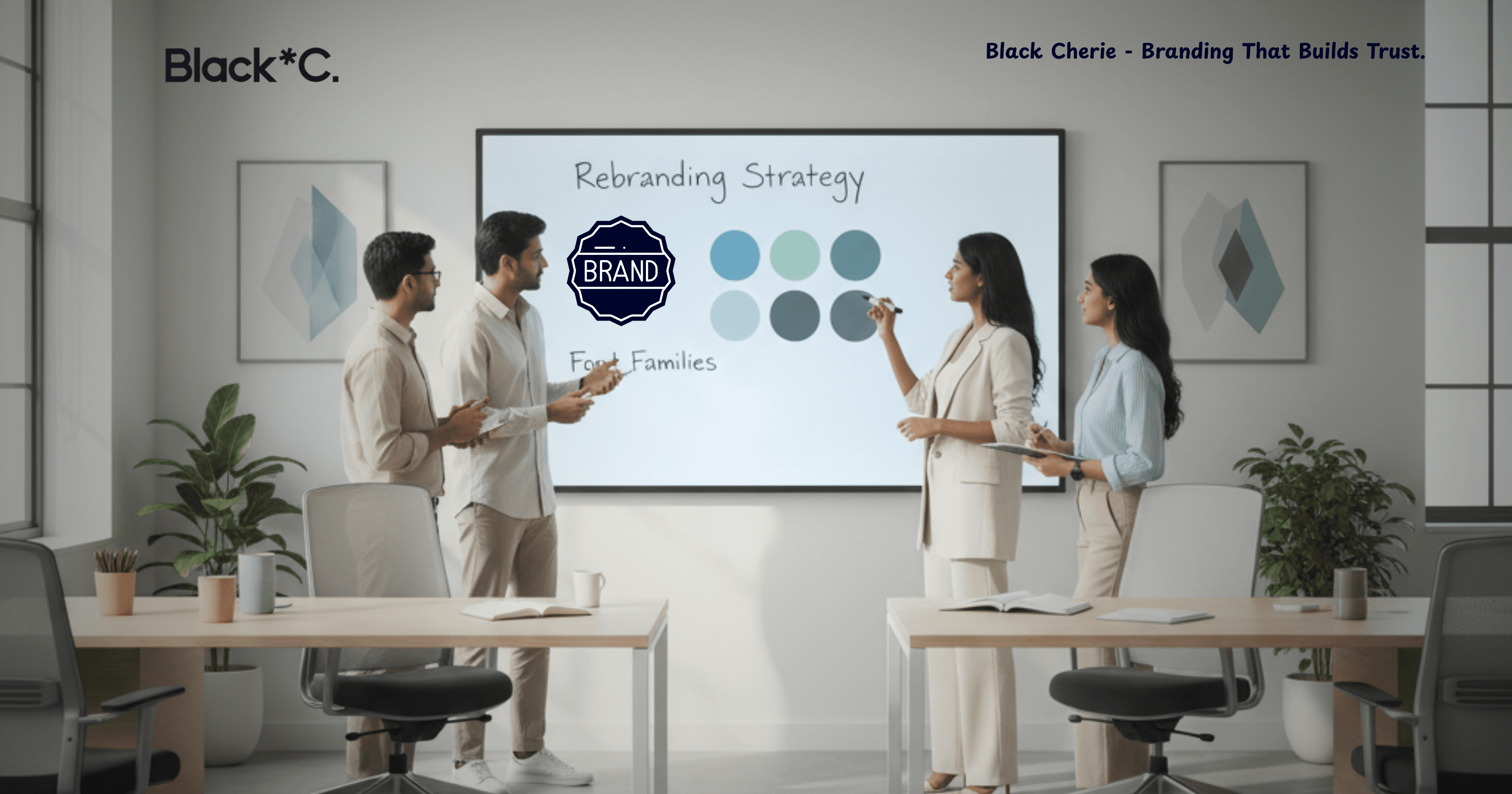 Branding team in a modern office planning a rebranding strategy for a business in Pune, reviewing colors and logo ideas