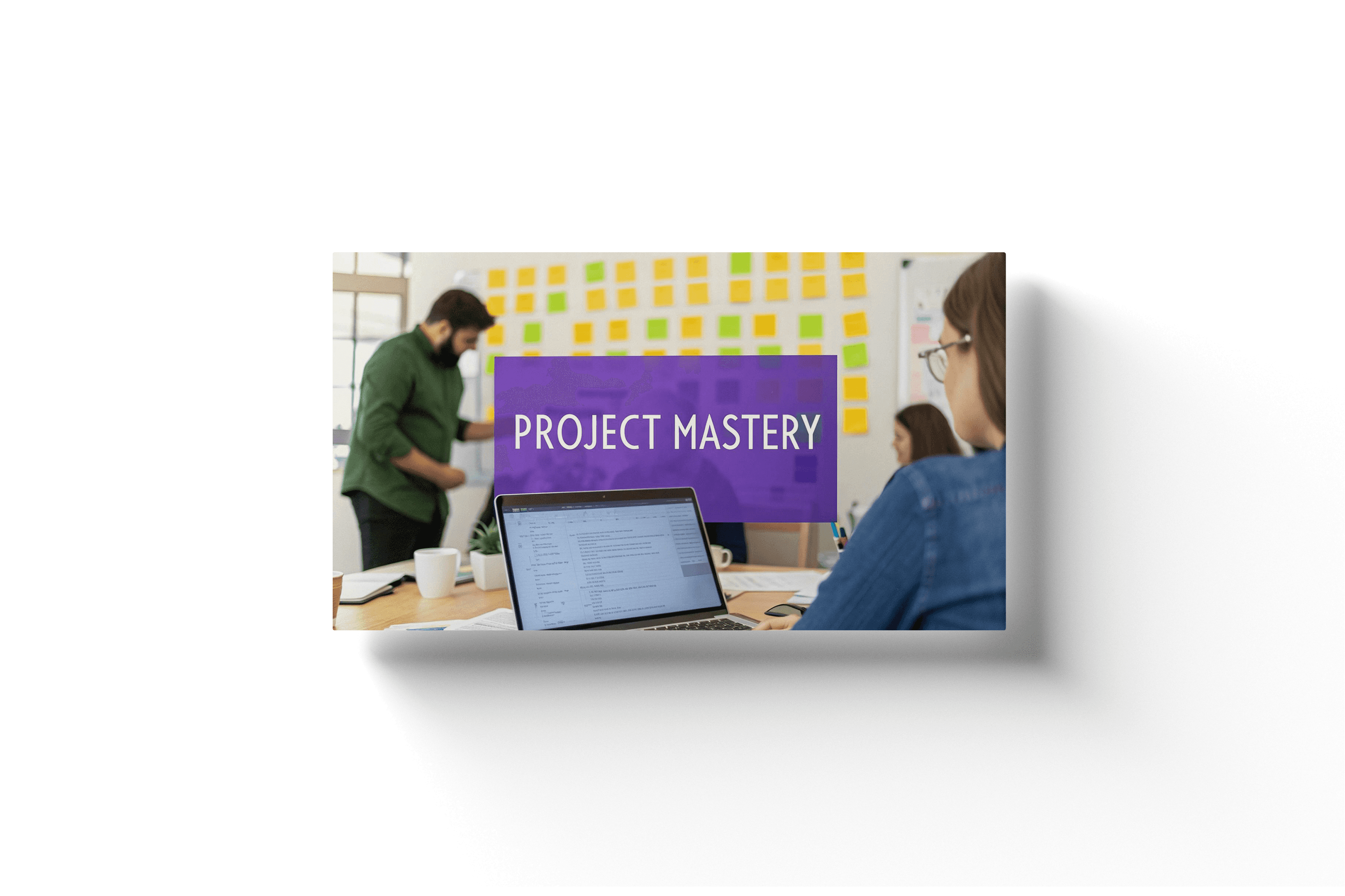 a person working on a laptop with a purple board in the background that reads 'Project Mastery'