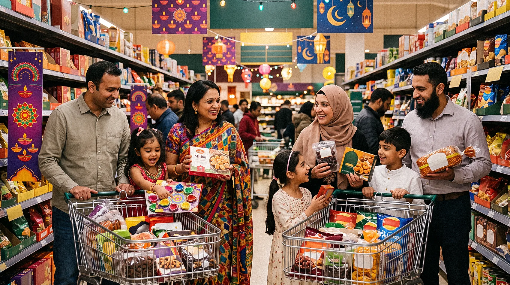 Family shopping for festive foods during Diwali and Ramadan celebrations in UK supermarket