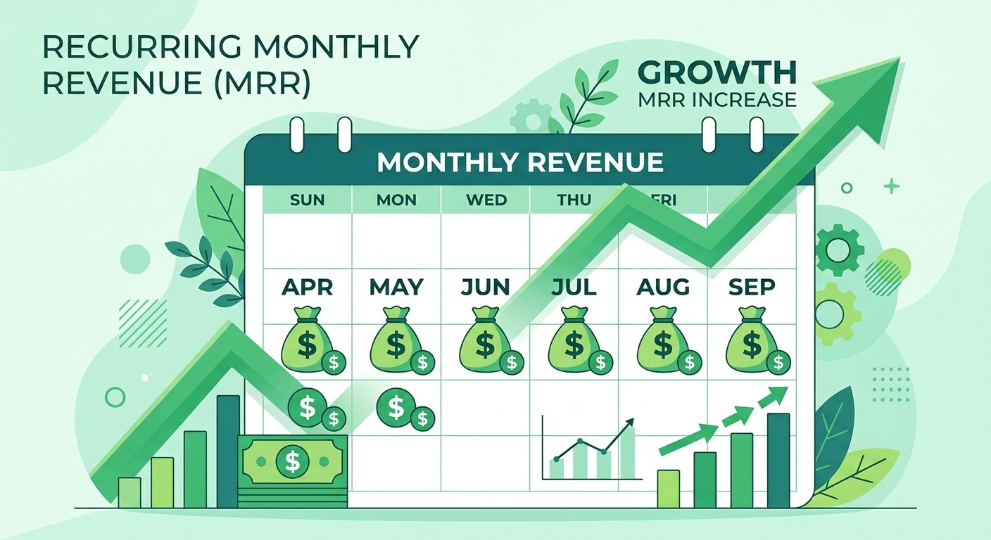 Illustration of recurring monthly revenue with a calendar of repeating payments and an upward growth arrow