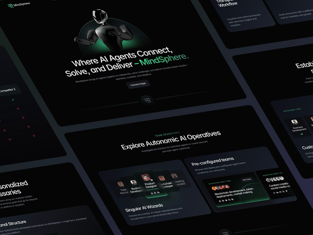 UI of MindSphere showing 3D futuristic structure with minimal typography and animated microinteractions