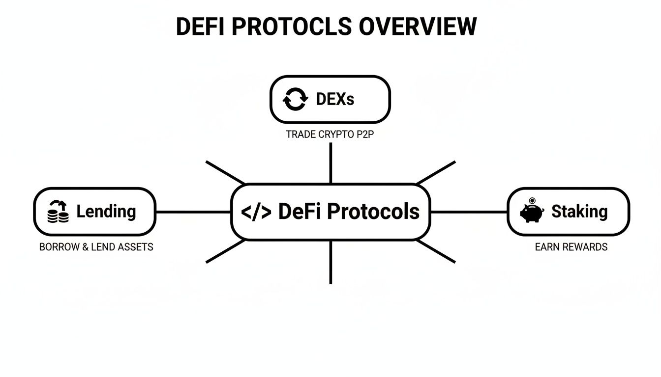 A diagram illustrating the overview of DeFi protocols, their functions, including DEXs, lending, and staking.