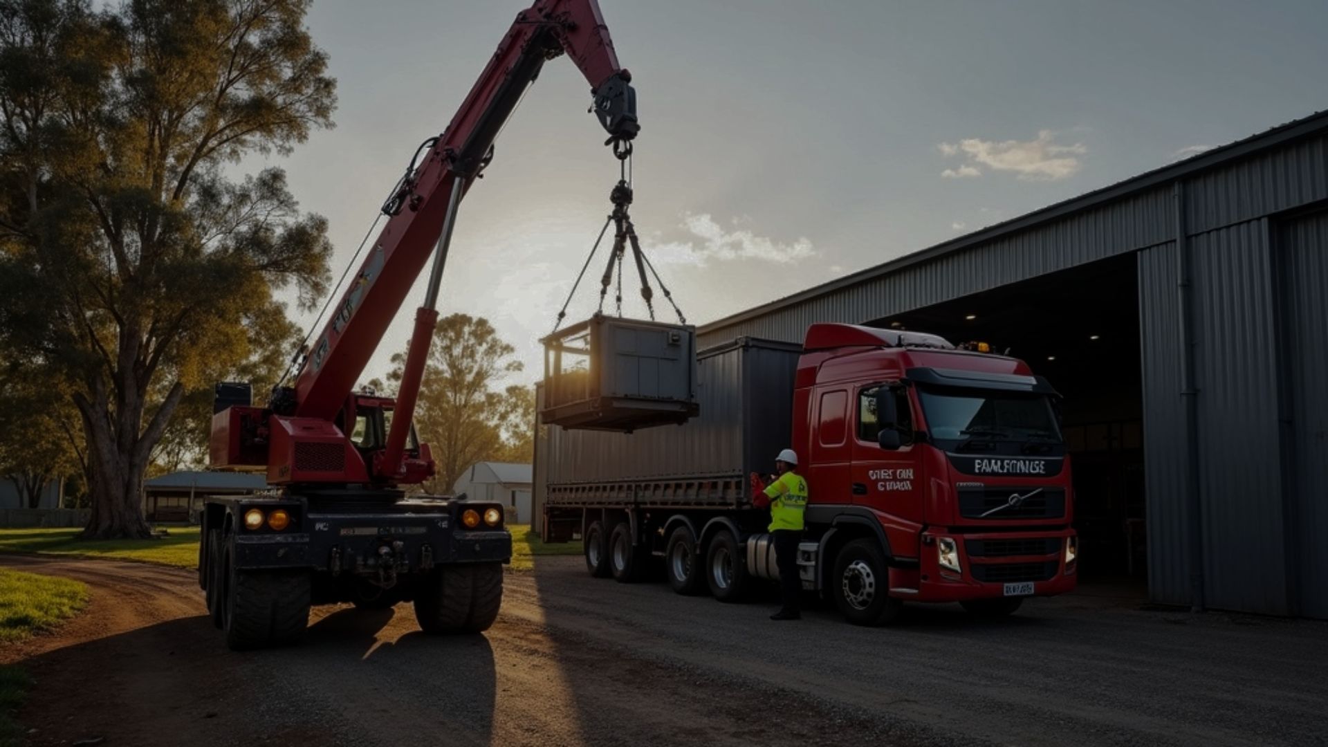 Crane truck lifting heavy load outside workshop at sunset — Iron & Crane providing safe lift and transport services in Victoria.