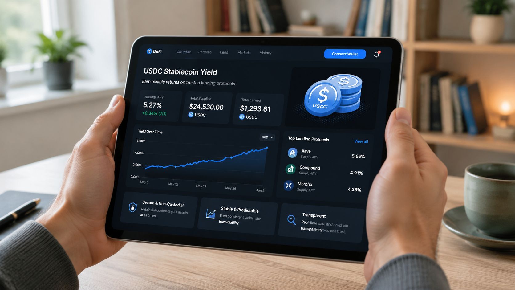 A person holding a tablet displaying a dashboard for tracking USDC stablecoin investment yields and protocols.