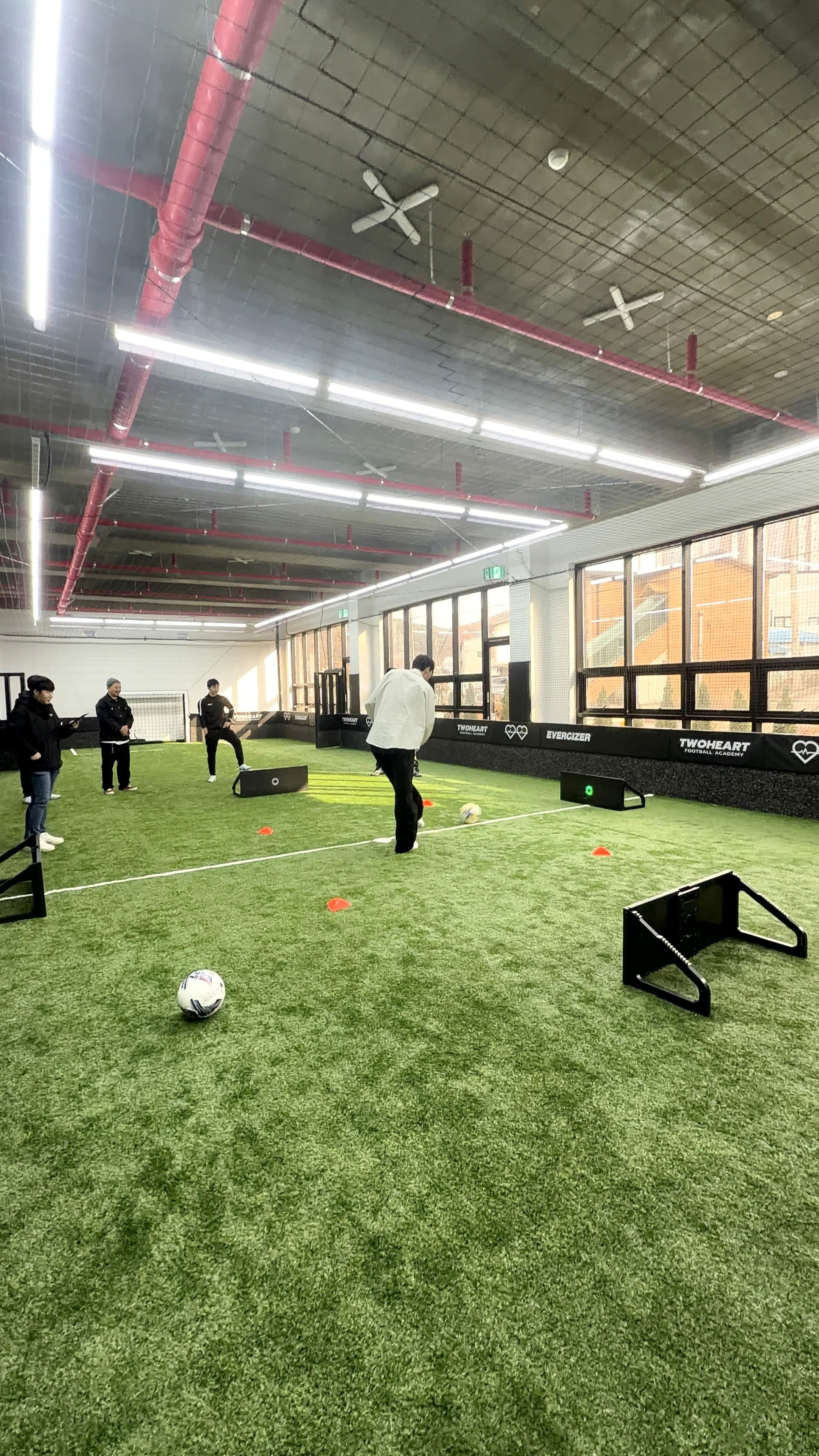a person's feet with a ball on a purple carpet