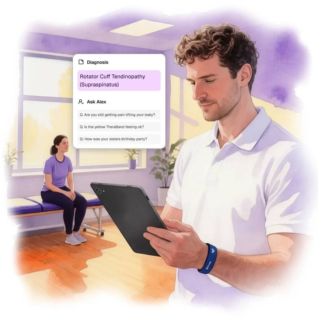 A physiotherapist is reviewing his patient’s medical history on his tablet on the Preve platform.