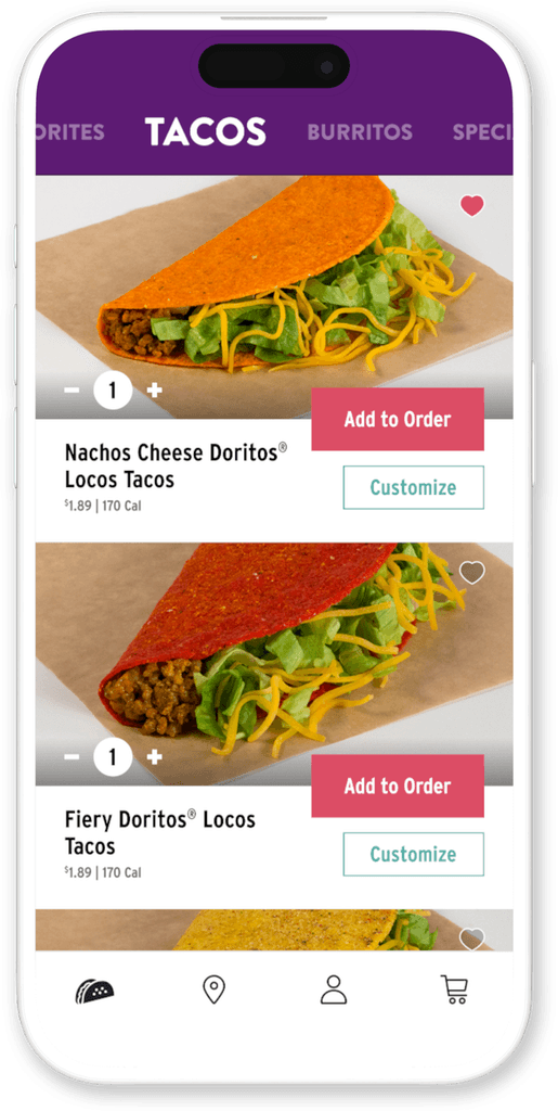 App screen listing the types of tacos offered by taco bell.