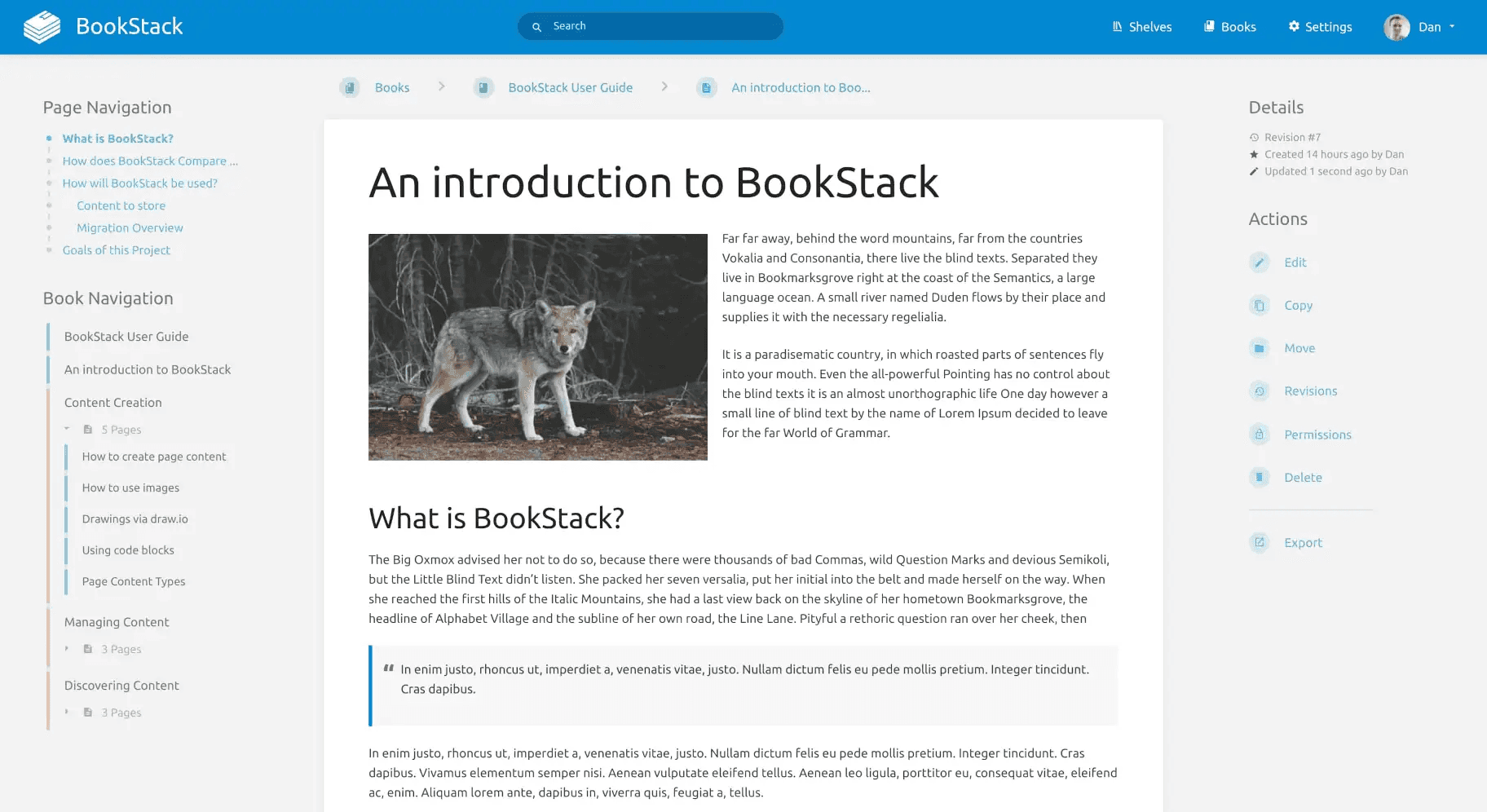 A screenshot of BookStack being used to create product documentation