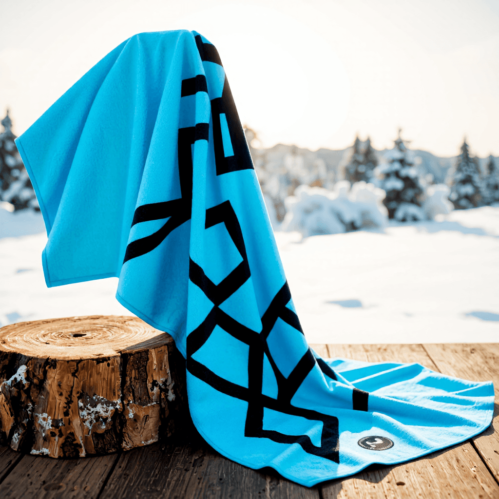 product photography of a long, patterned cooling towel used for sports and outdoor activities