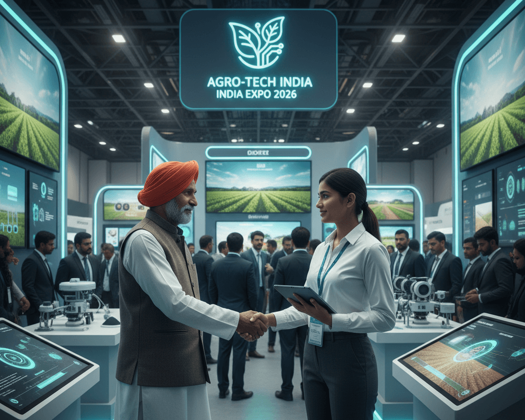 Promotional header for Agri Agro Grand Expo 2026 showing "AGRI AGRO GRAND EXPO 2026" in bold white text on a vibrant green background, with "SEE THE FUTURE OF FARMING" tagline, images of advanced tractors, green fields, and farming tech, organized by RNAGRI AGRO SOLUTIONS PVT. LTD. at Kothi Meena Bazar Ground, Agra.