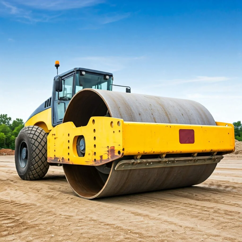 Vibratory roller compacting aggregate base during roadway preparation in Kansas City